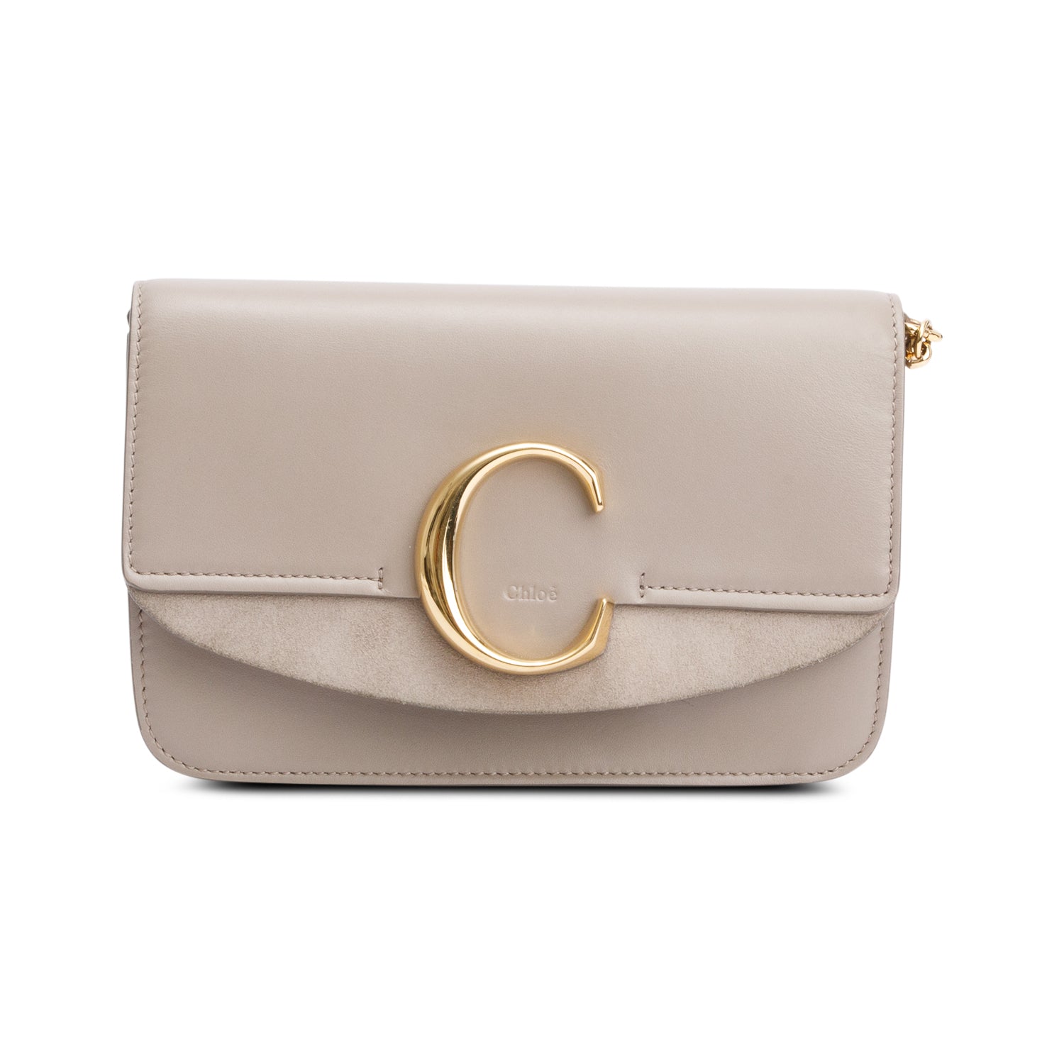 Chloe Taupe Calfskin Leather Suede "C" Clutch On Chain