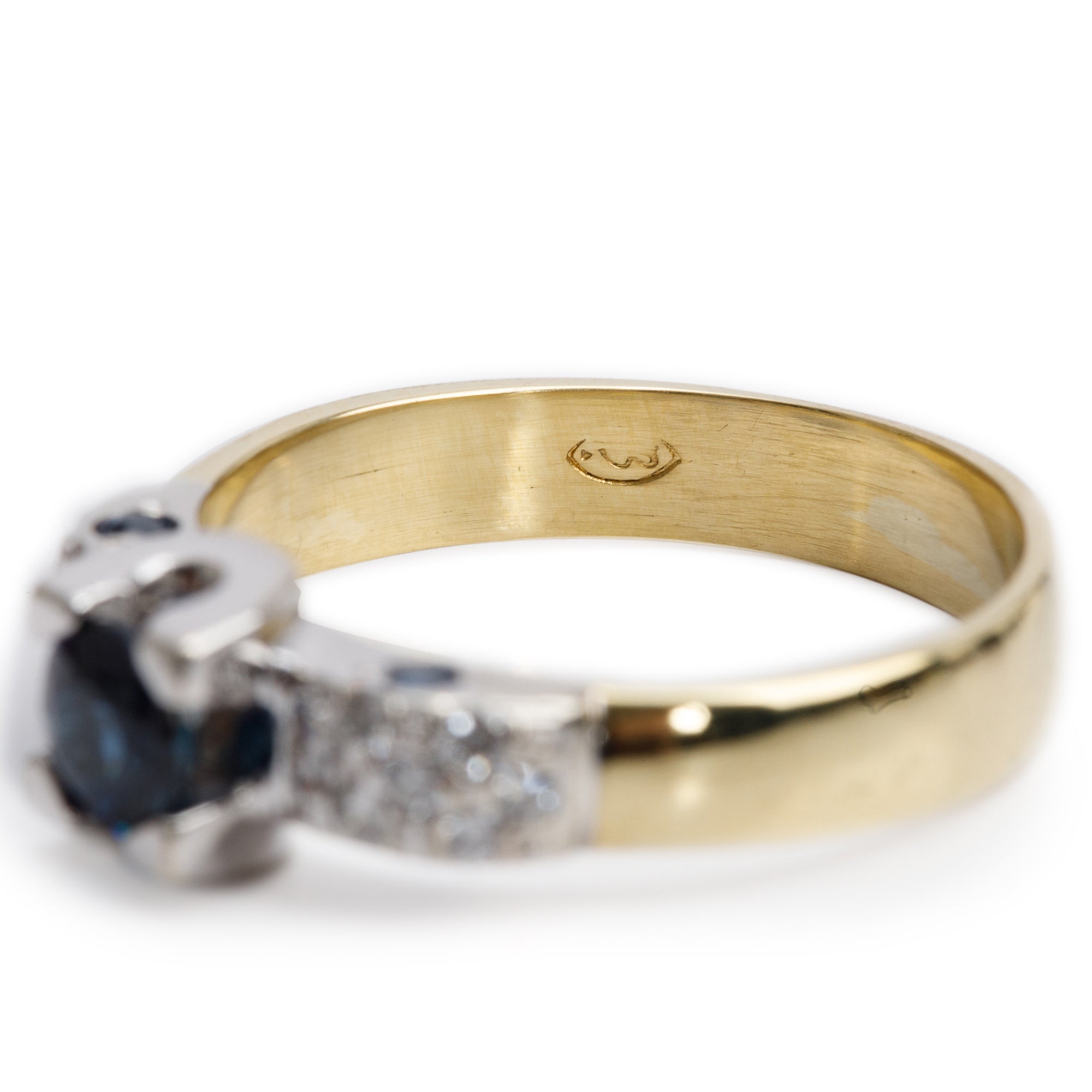 18k Yellow and White Gold Blue Sapphire & Diamond Ring, Size 7.25