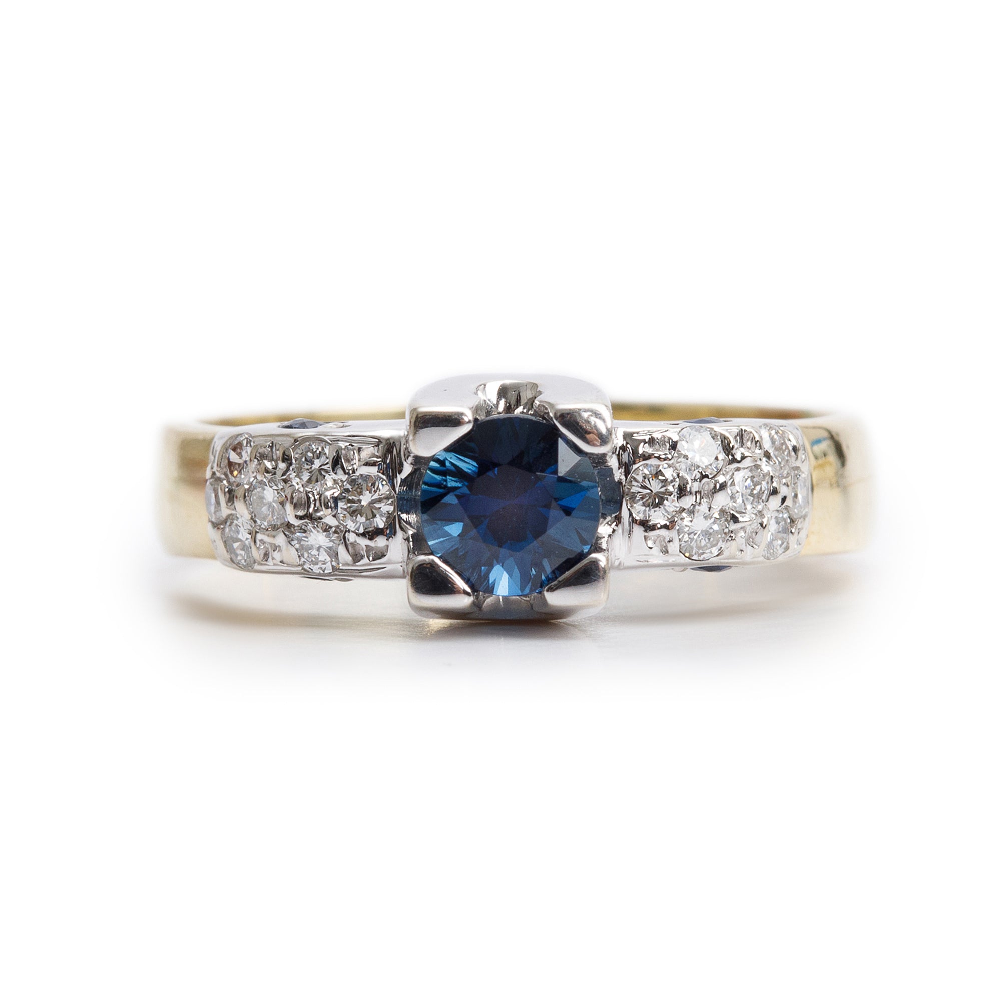 18k Yellow and White Gold Blue Sapphire & Diamond Ring, Size 7.25
