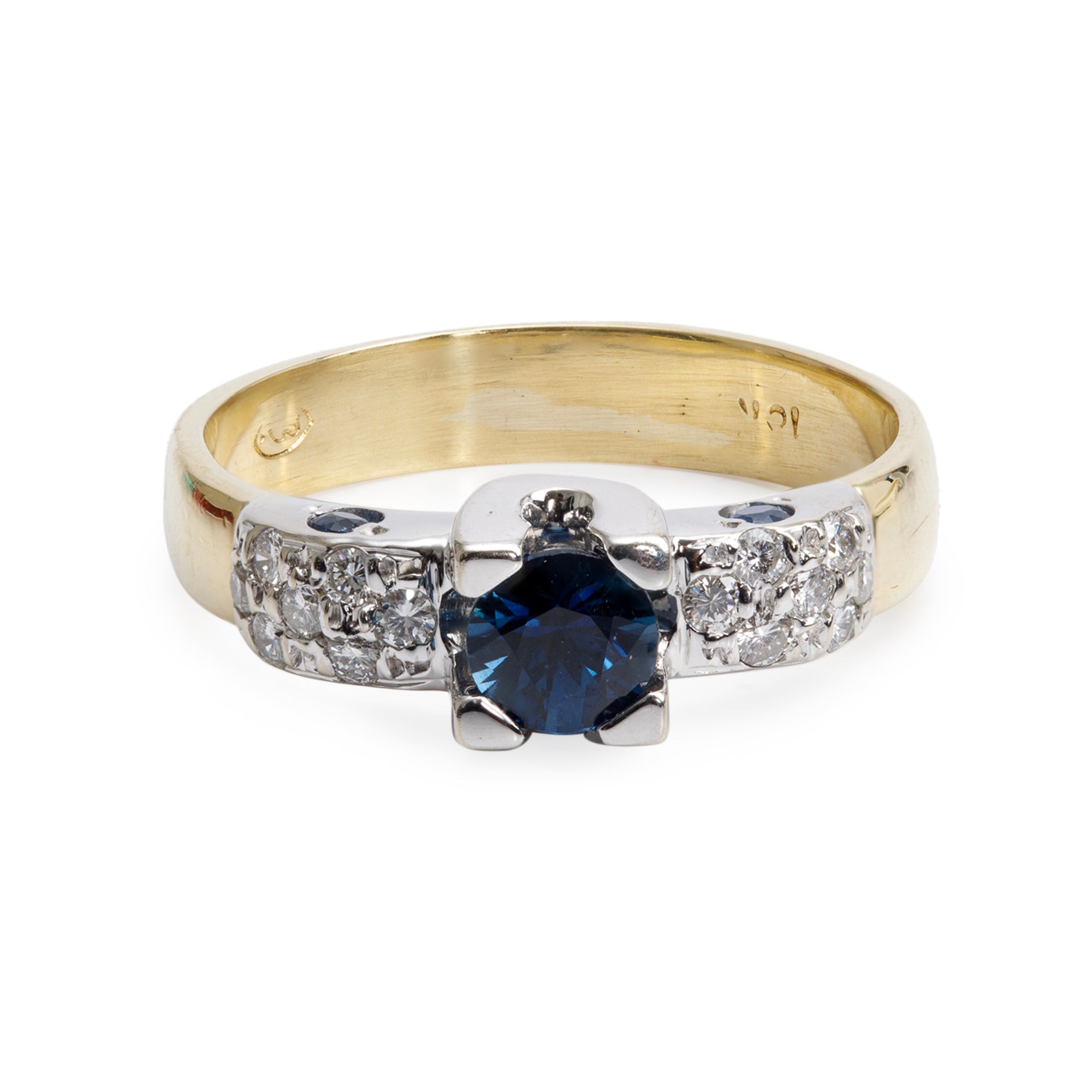 18k Yellow and White Gold Blue Sapphire & Diamond Ring, Size 7.25