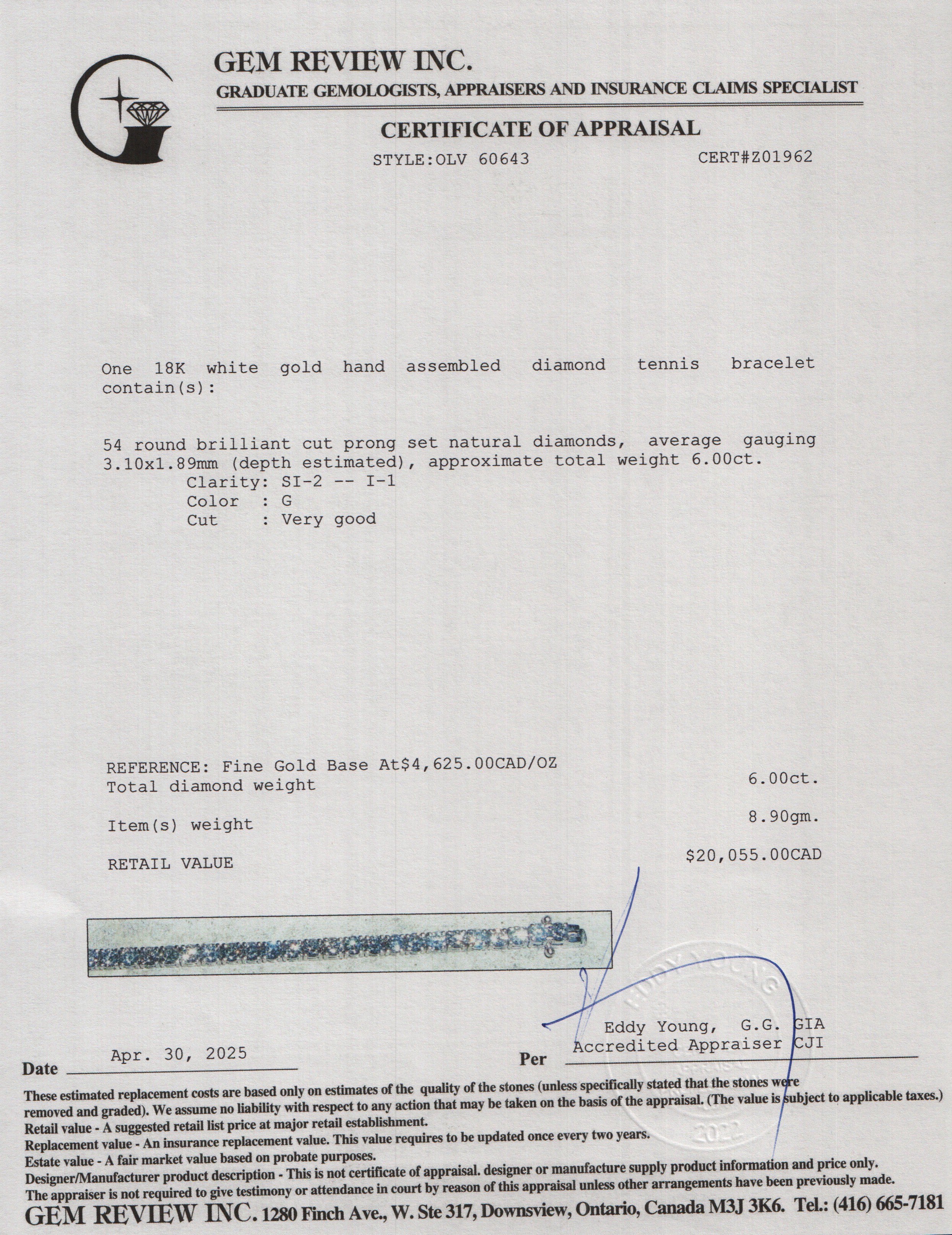 18k White Gold 6.0 tcw. Diamond Tennis Bracelet