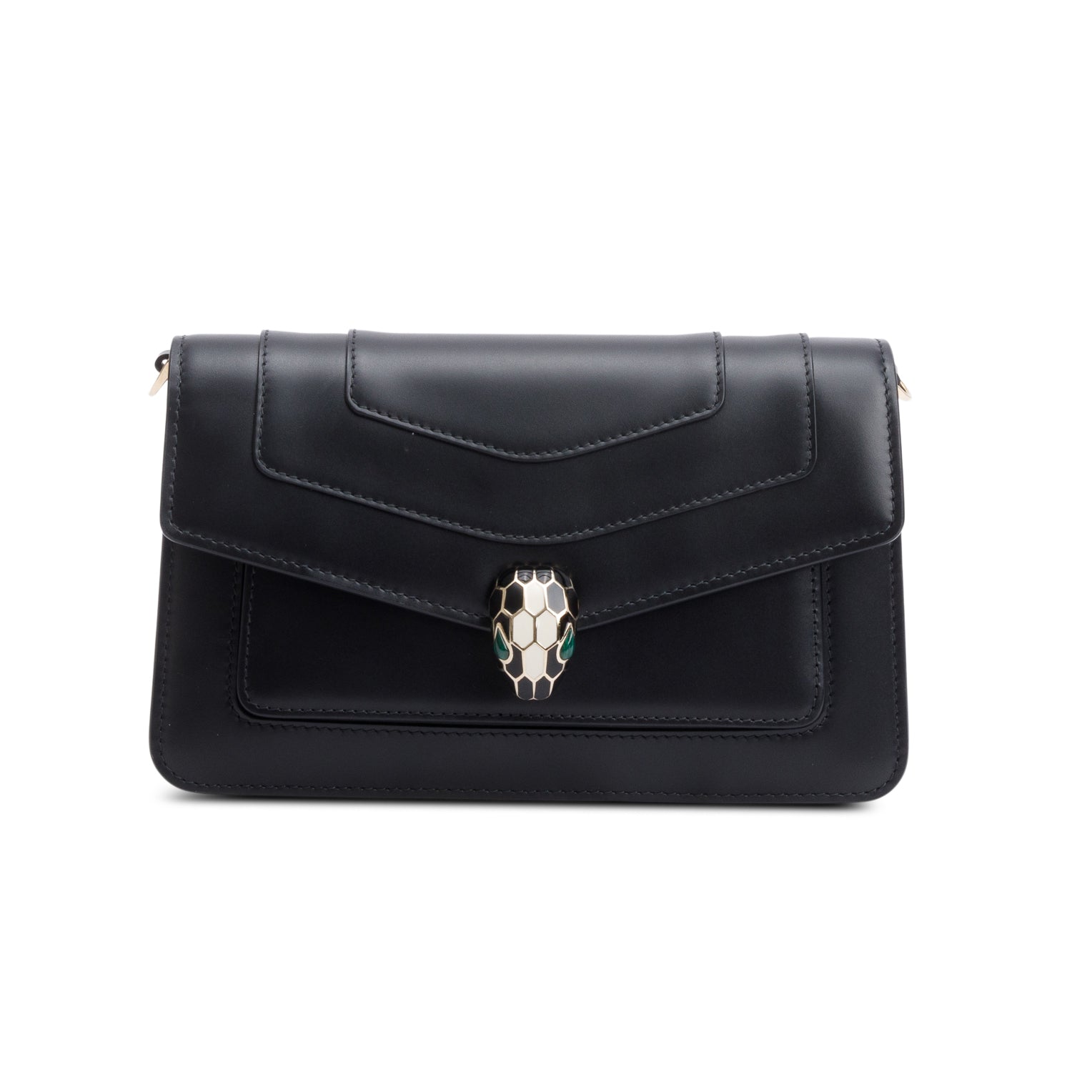 BVLGARI 2022 Black Calfskin Leather Serpenti Forever East-West Shoulder Bag w/ Strap, Receipt & Authenticity Card