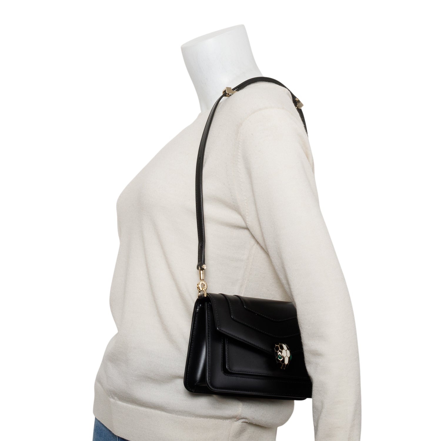BVLGARI 2022 Black Calfskin Leather Serpenti Forever East-West Shoulder Bag w/ Strap, Receipt & Authenticity Card