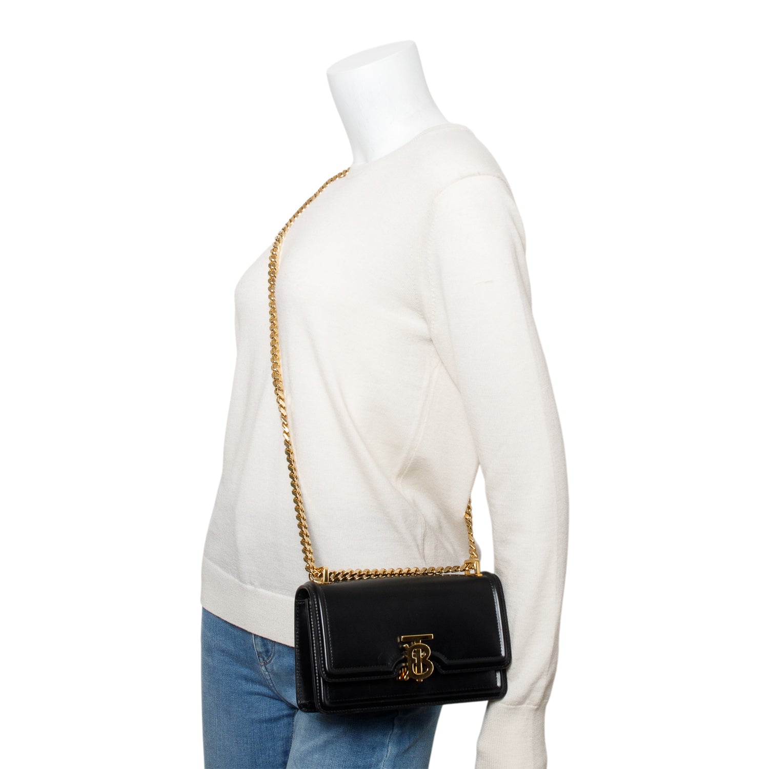 Burberry Black Smooth Calfskin Leather Mini TB Chain Crossbody Bag