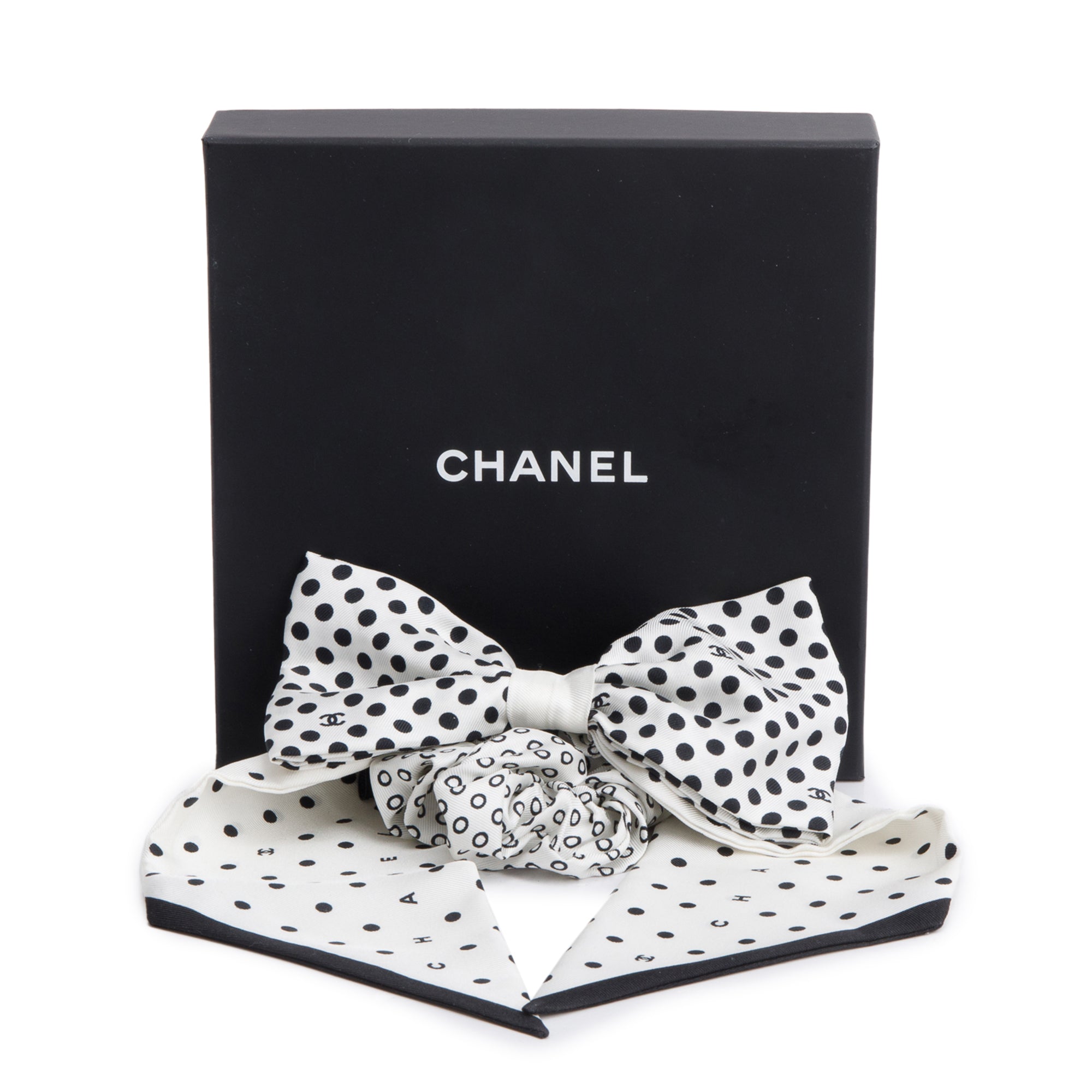 Chanel White/Black Silk CC Logo Bow Hair Scrunchie w/ Box