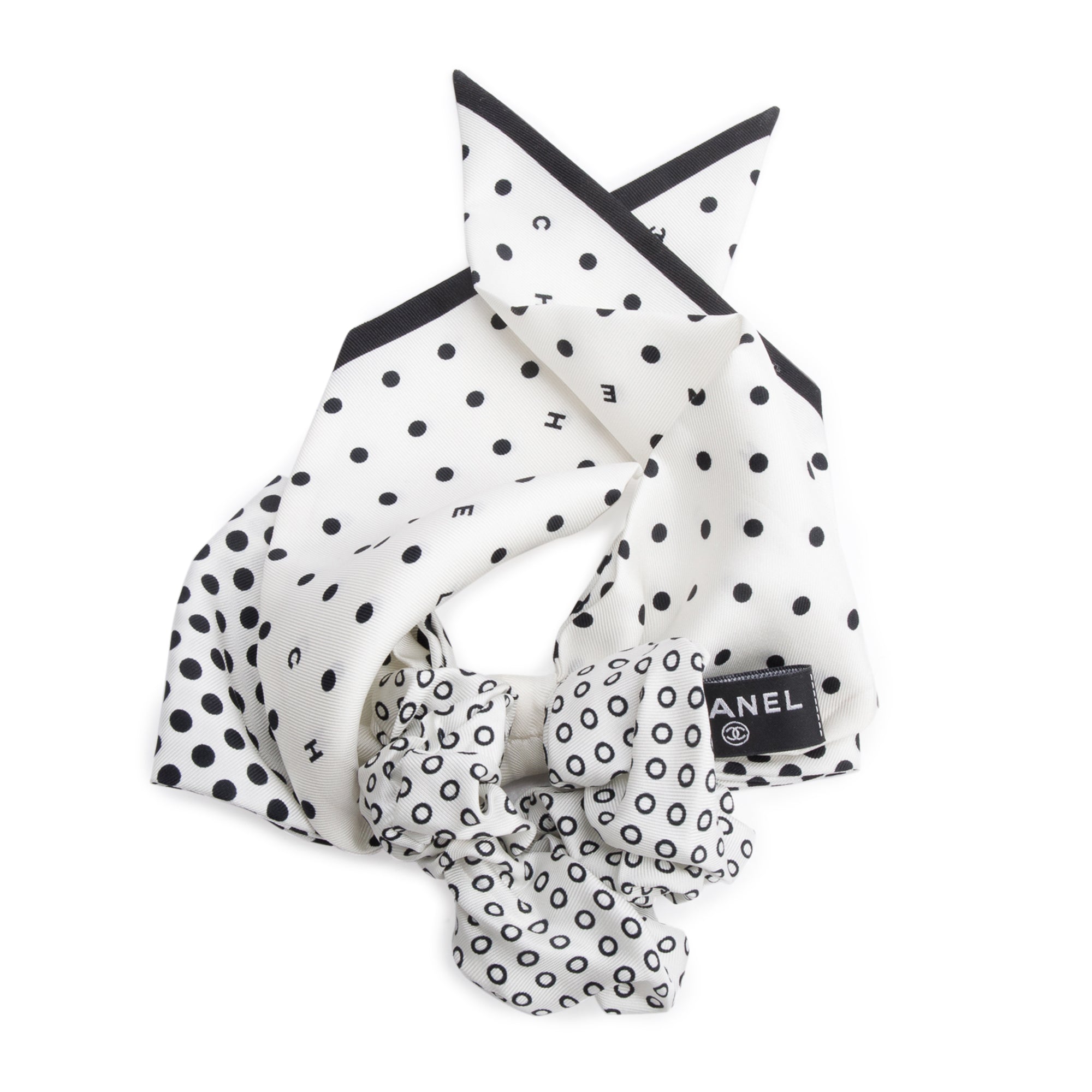 Chanel White/Black Silk CC Logo Bow Hair Scrunchie w/ Box