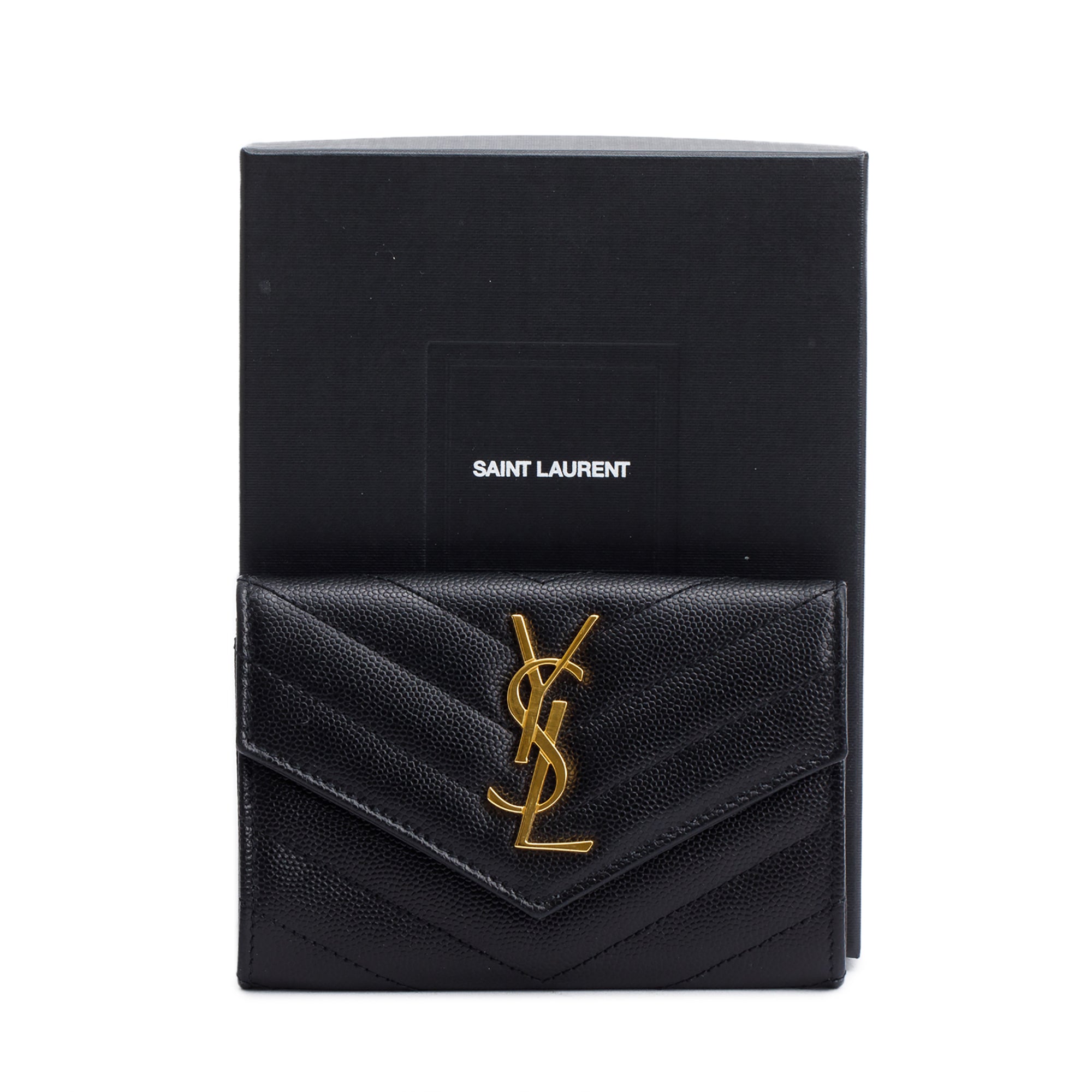 Saint Laurent 2020 Black Grain De Poudre Cassandre Matelasse Small Envelope Wallet w/ Box