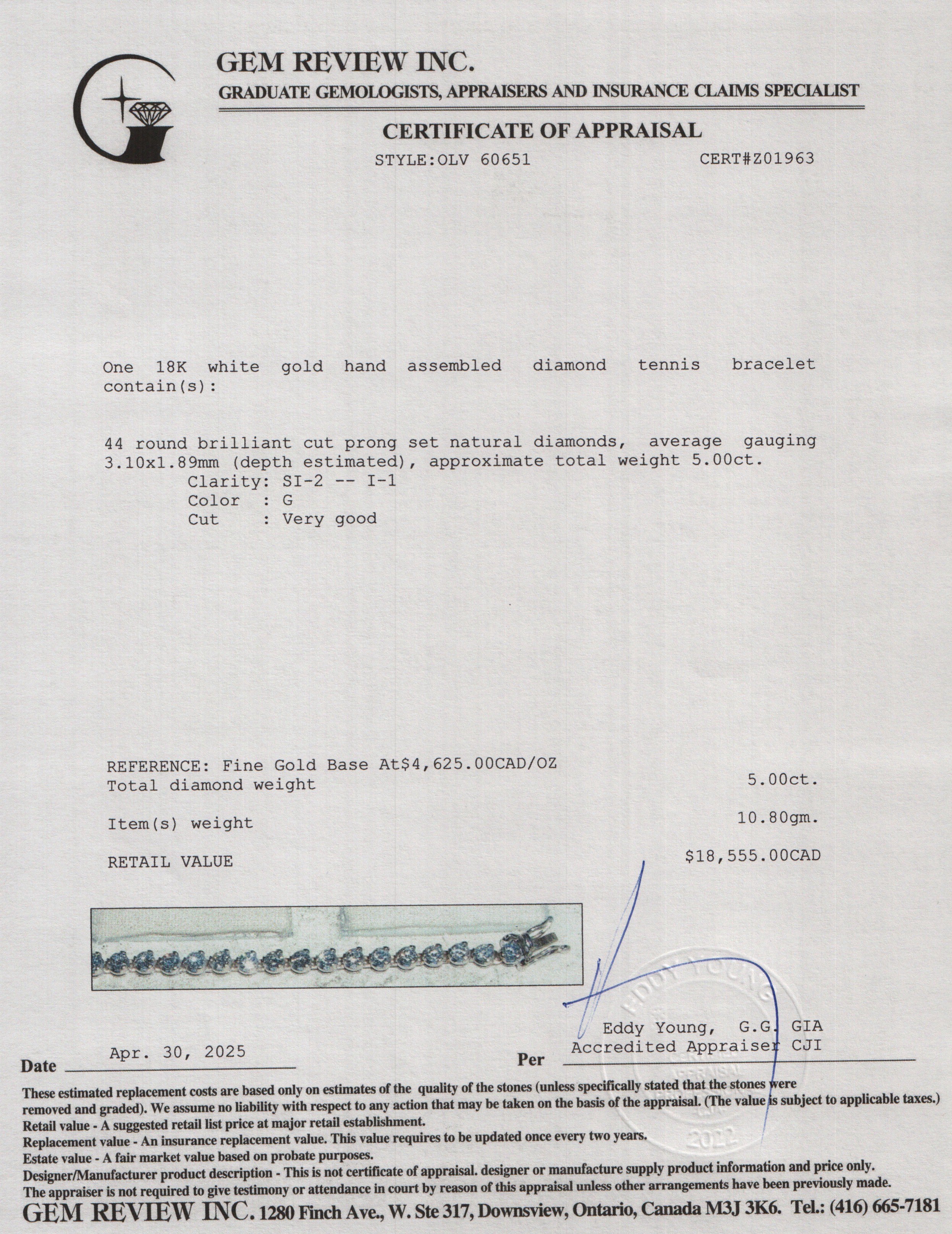 18k White Gold 5.0 tcw. Diamond Tennis Bracelet