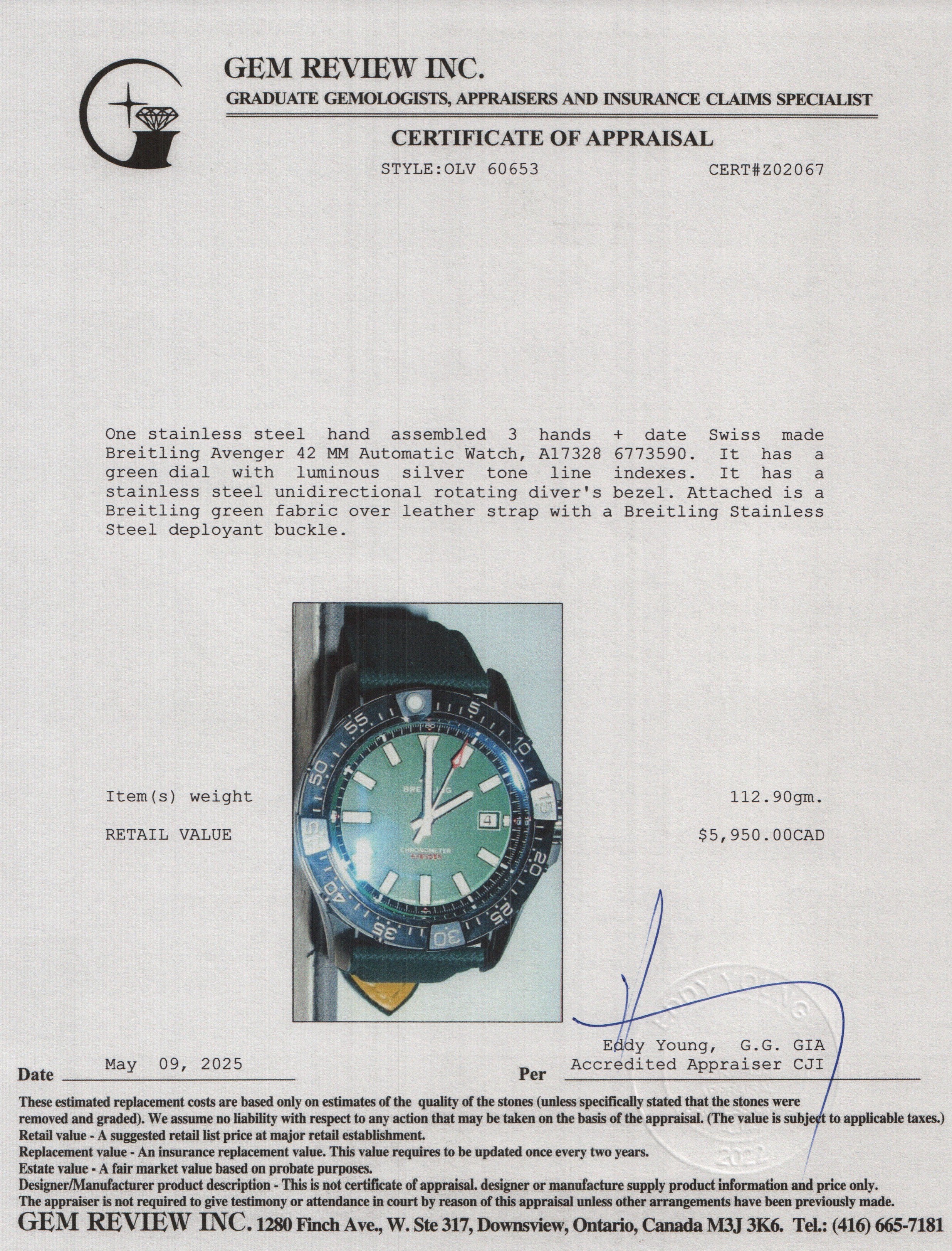 Breitling Stainless Steel Avenger 42 MM Automatic Watch Green Dial A17328 w/ Box & Papers