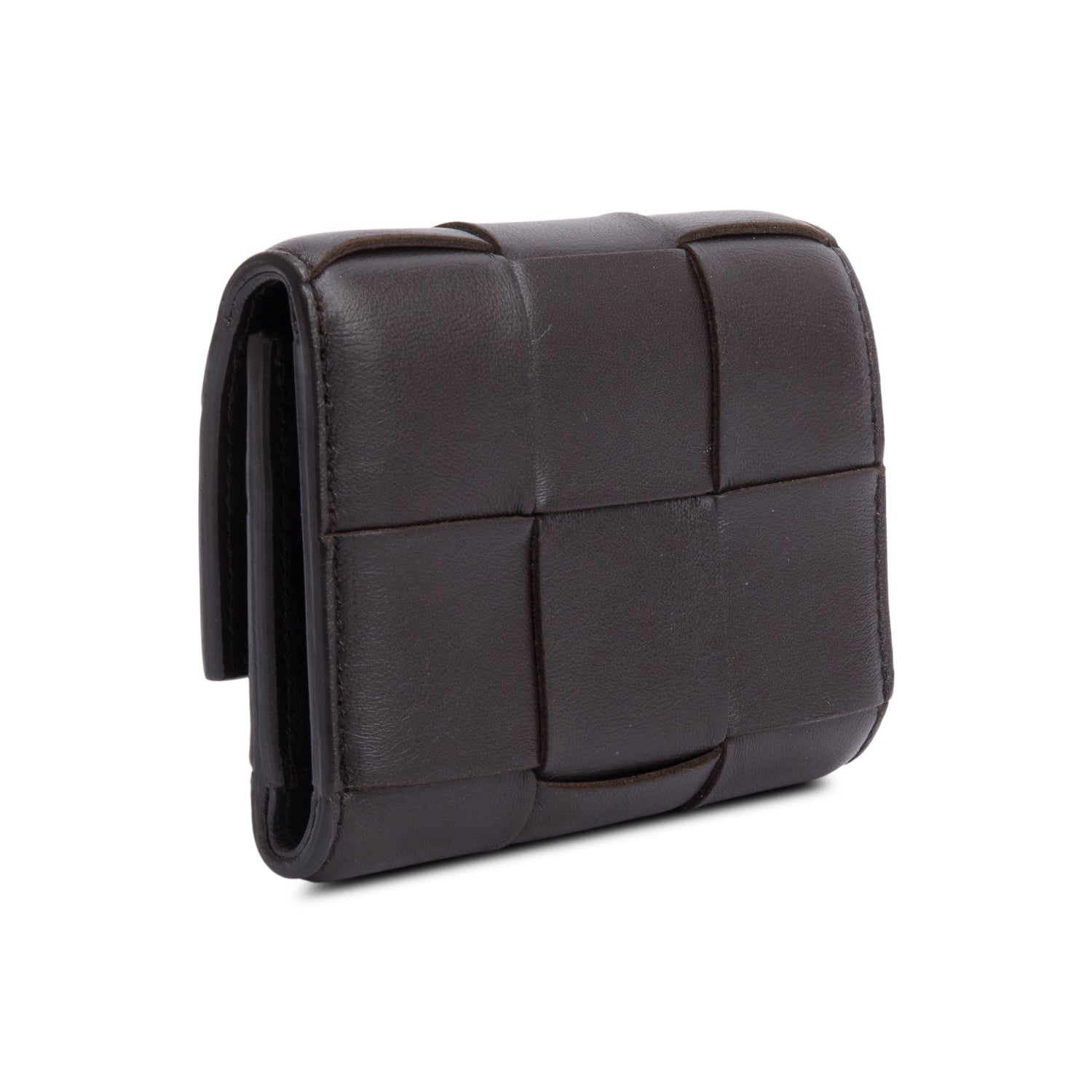 Bottega Veneta Brown Intreccio Nappa Leather Cassette Tri-Fold Zip Wallet