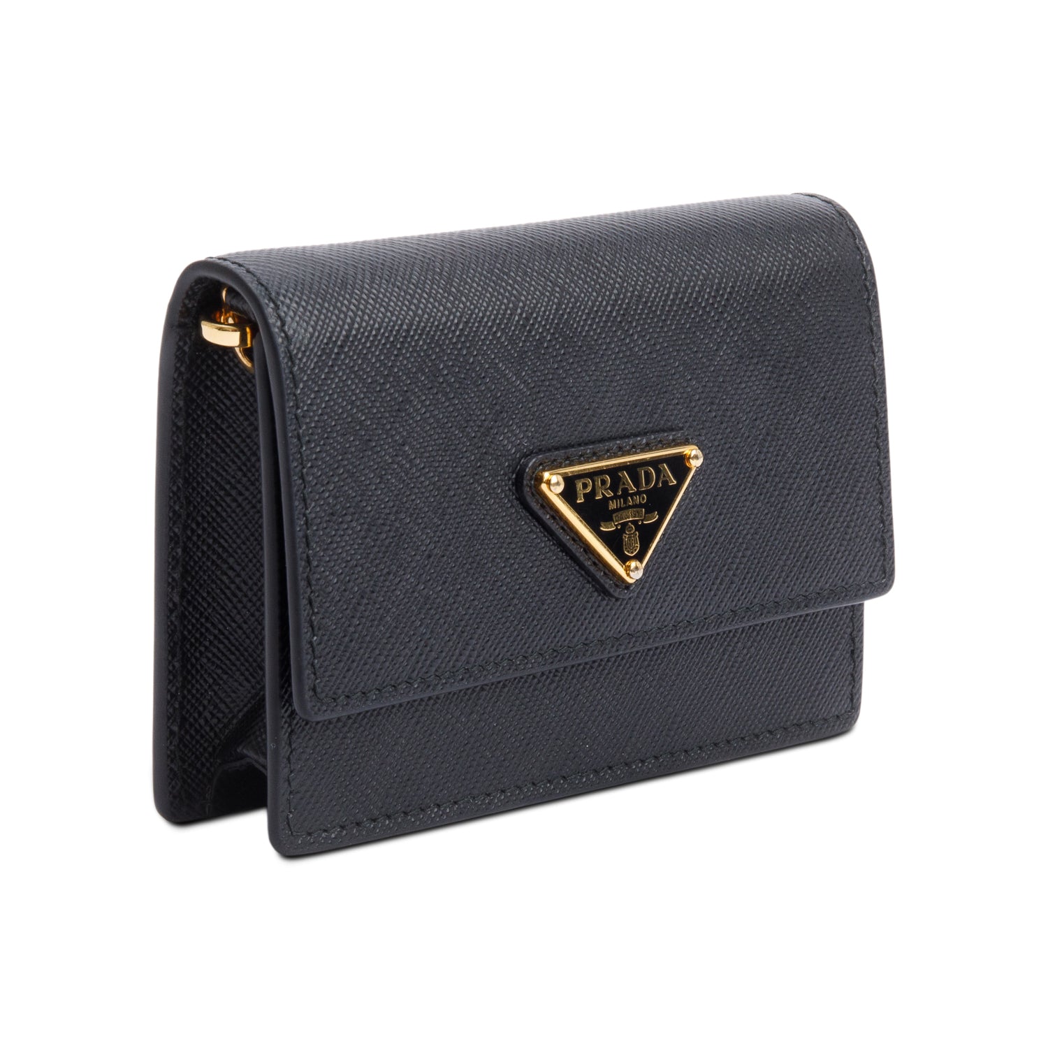 Prada Black Saffiano Metal Card Holder on Chain w/ Box