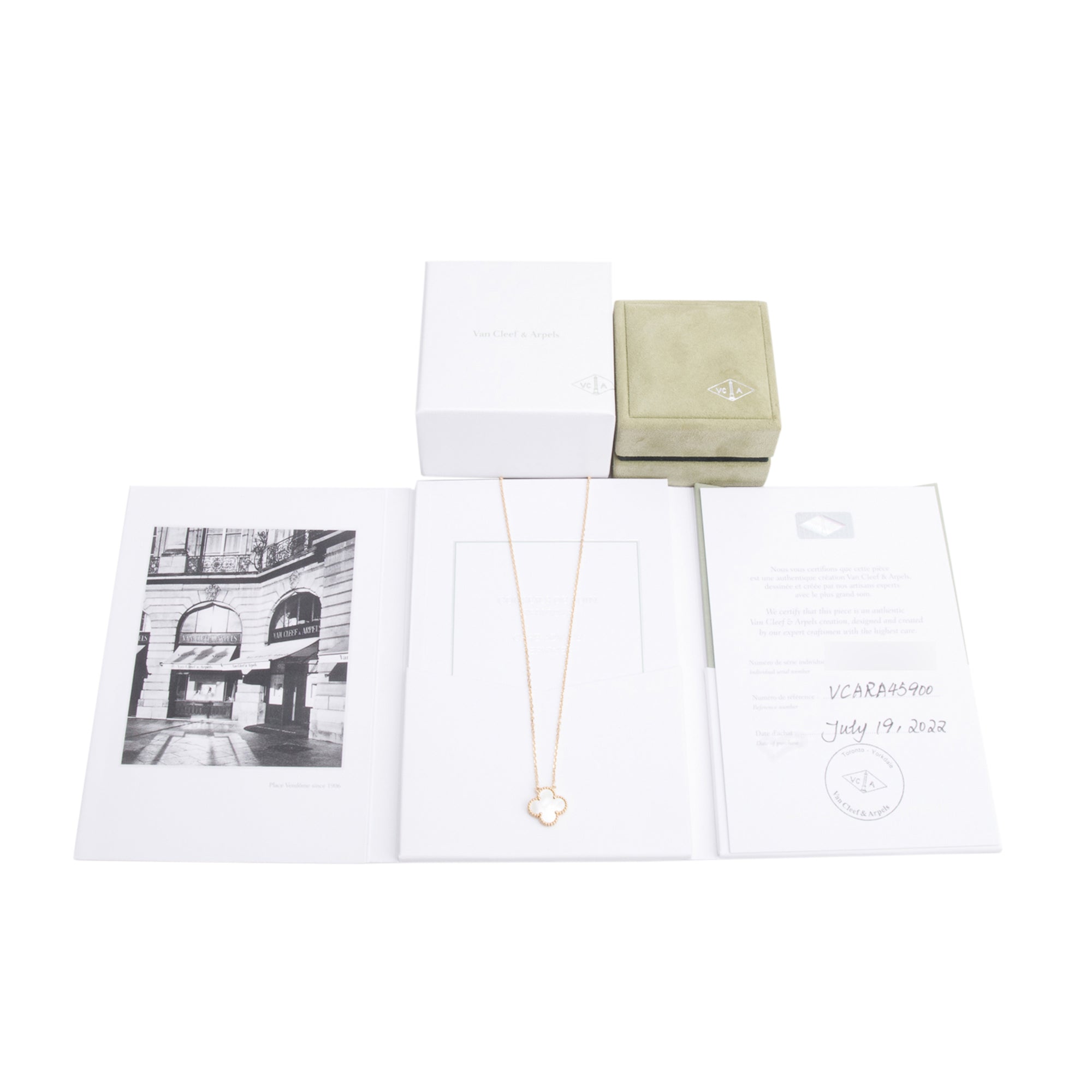 Van Cleef & Arpels 18k Yellow Gold Vintage Alhambra Mother of Pearl Pendant Necklace w/ Box, Certificate & Receipt