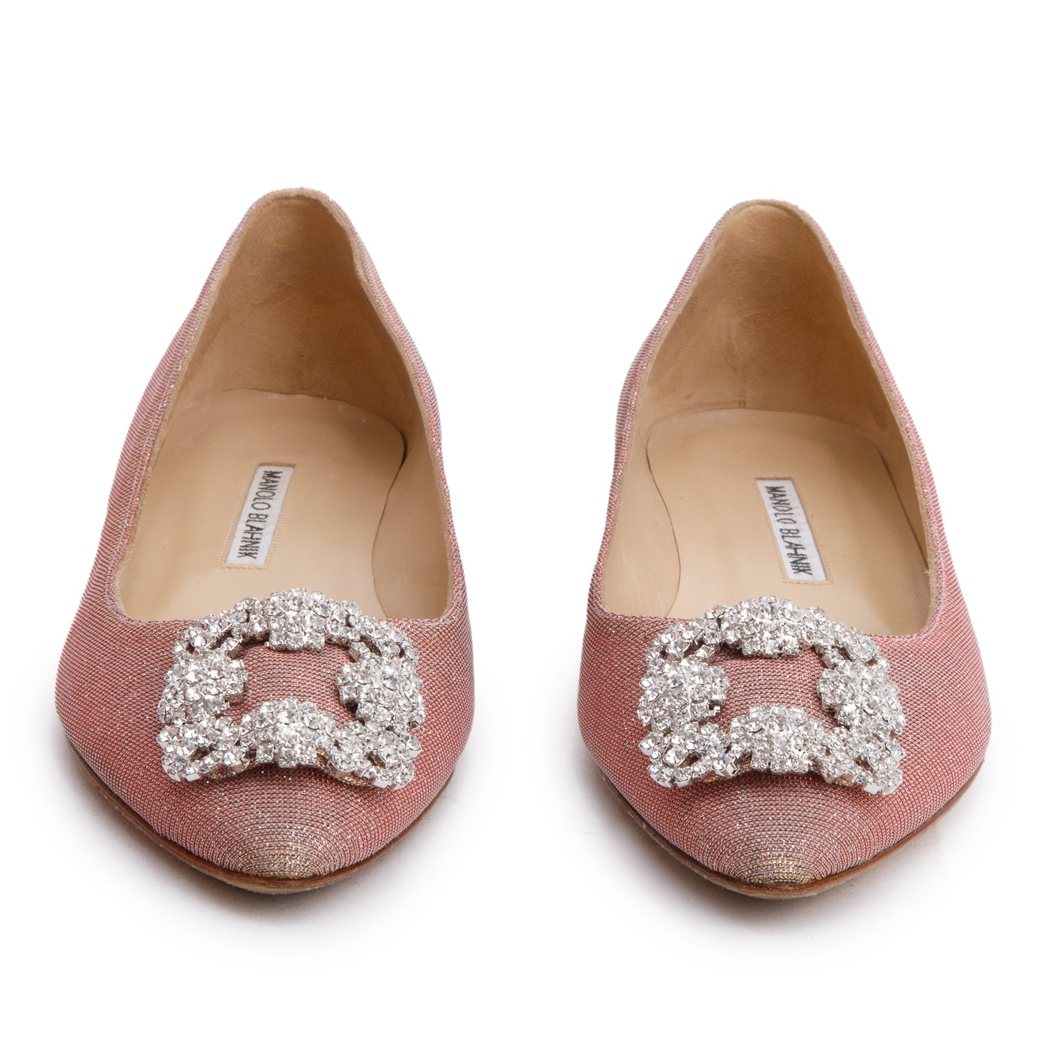 Manolo Blahnik Beige Glitter Fabric Hangisiflat Jewel Buckle Flat Pumps, Size 38 w/ Box
