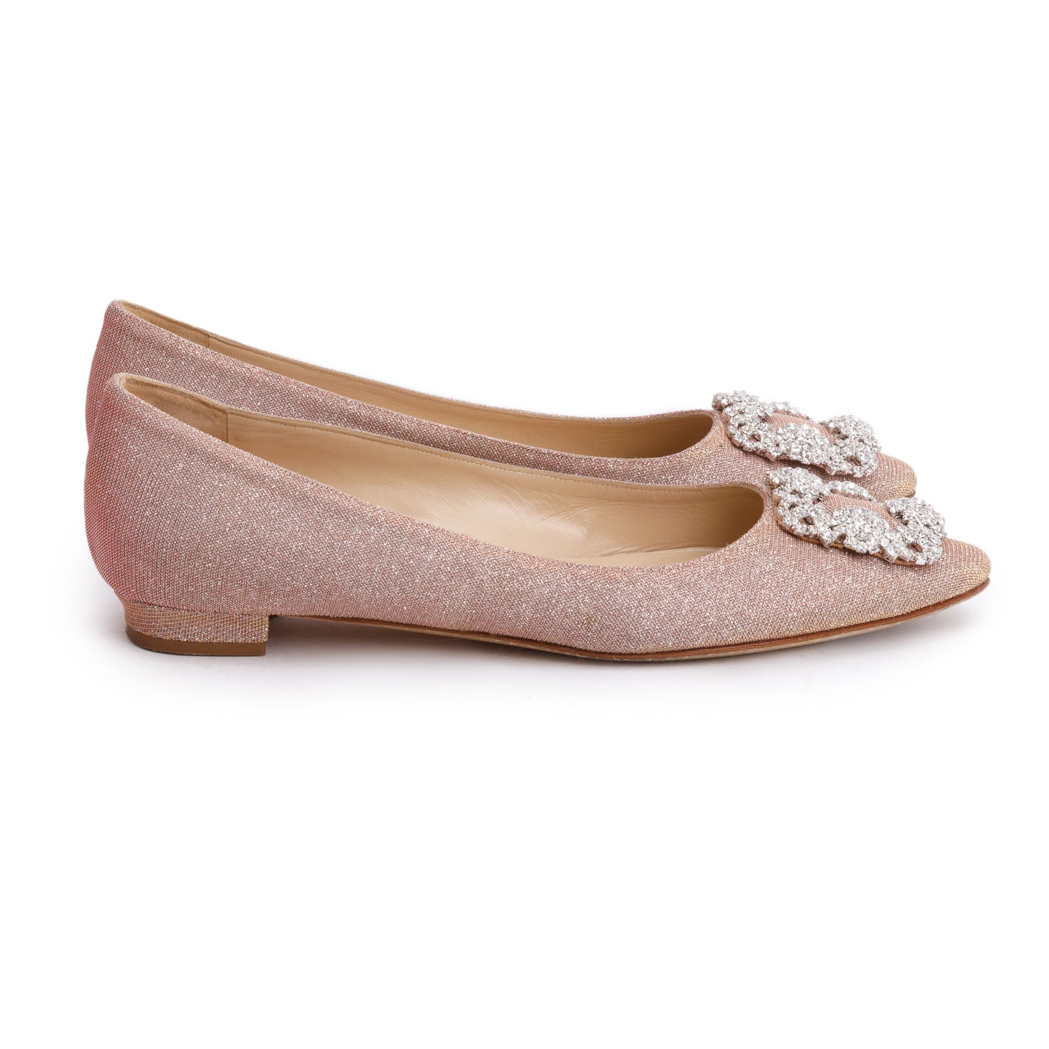Manolo Blahnik Beige Glitter Fabric Hangisiflat Jewel Buckle Flat Pumps, Size 38 w/ Box