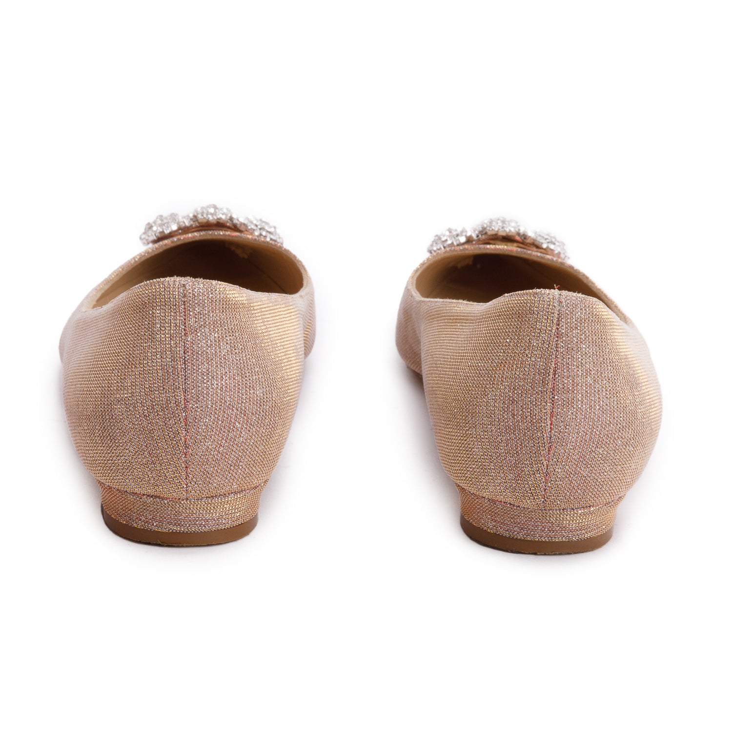 Manolo Blahnik Beige Glitter Fabric Hangisiflat Jewel Buckle Flat Pumps, Size 38 w/ Box
