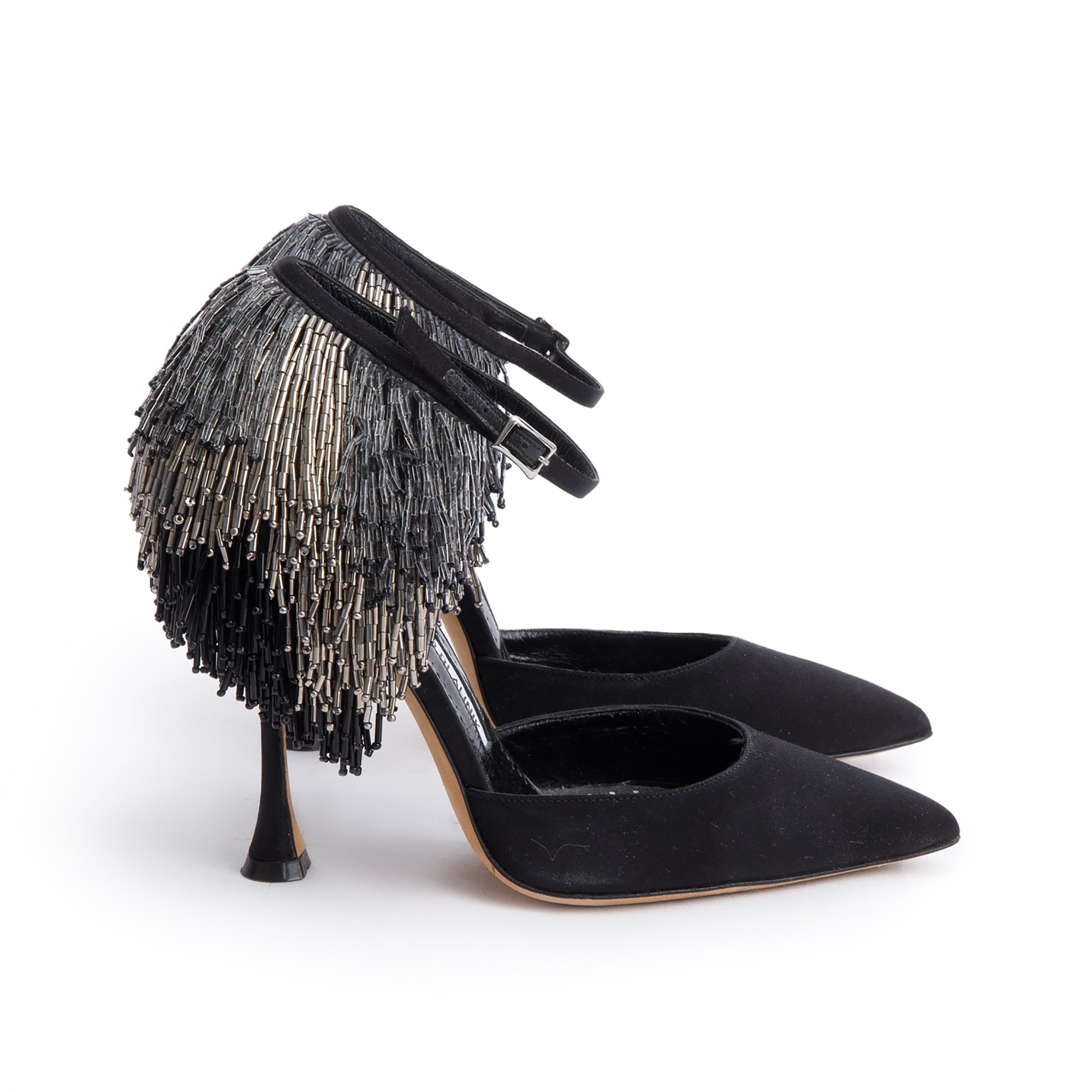 Manolo Blahnik Black Satin Fringe Francamaria Pumps, Size 37