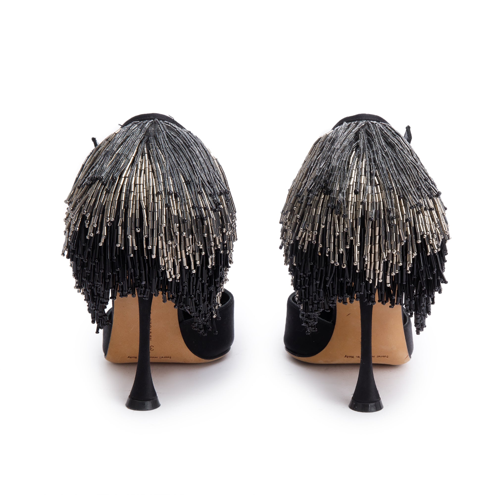 Manolo Blahnik Black Satin Fringe Francamaria Pumps, Size 37