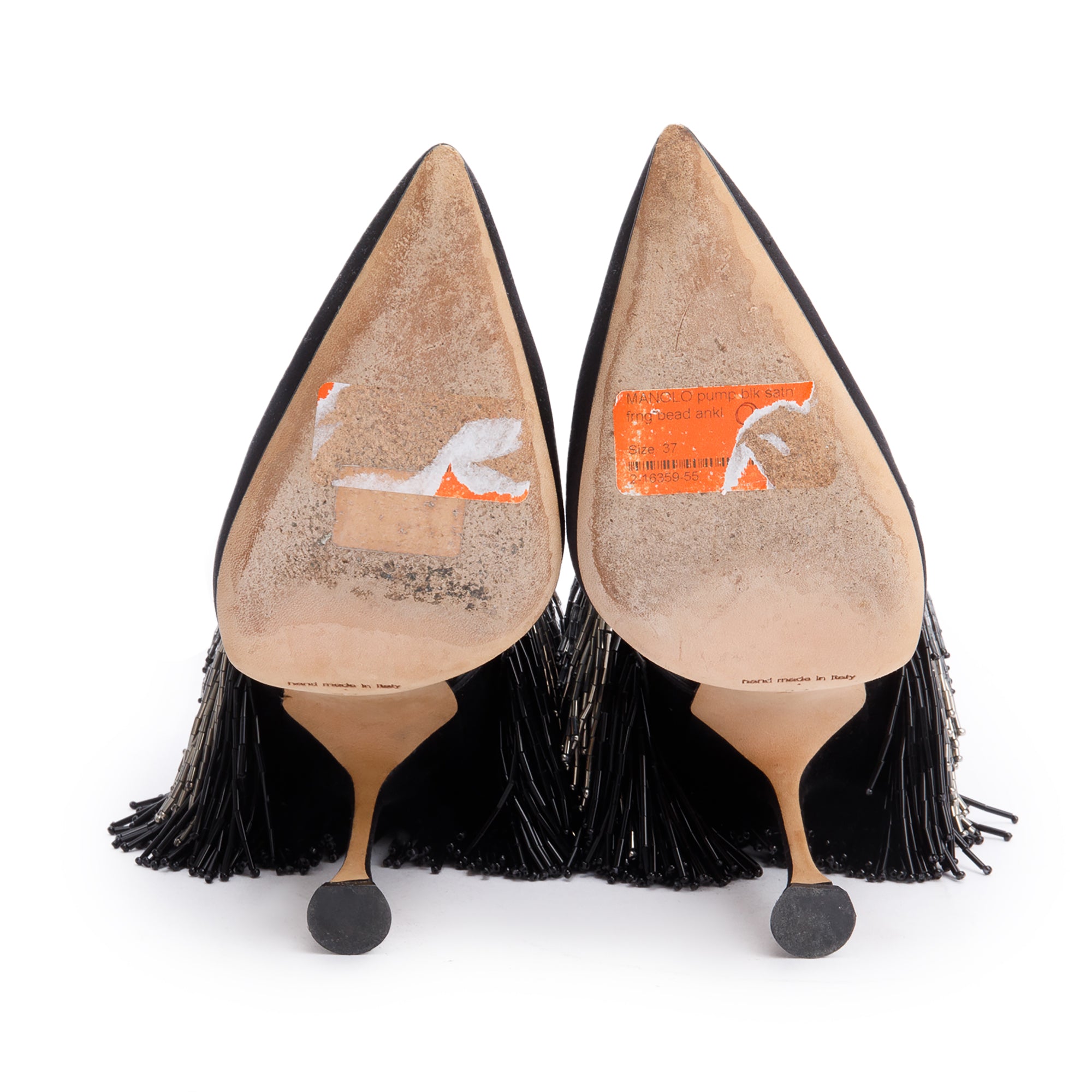 Manolo Blahnik Black Satin Fringe Francamaria Pumps, Size 37