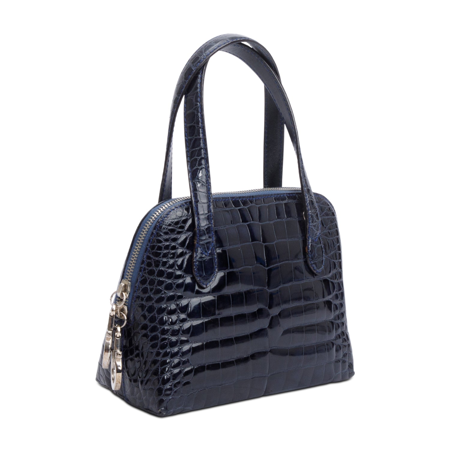 Ferragamo Navy Croc Embossed Leather Double Gancini Mini Handle Bag