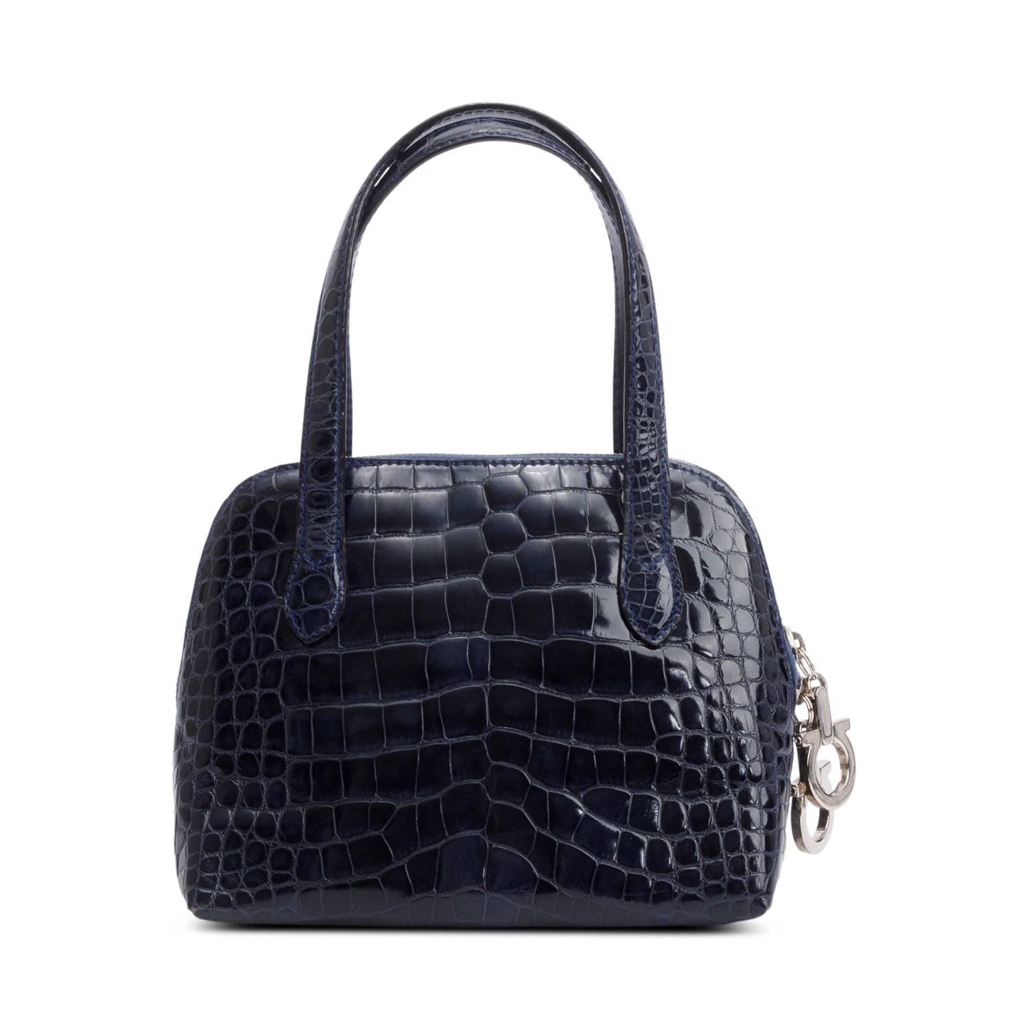 Ferragamo Navy Croc Embossed Leather Double Gancini Mini Handle Bag