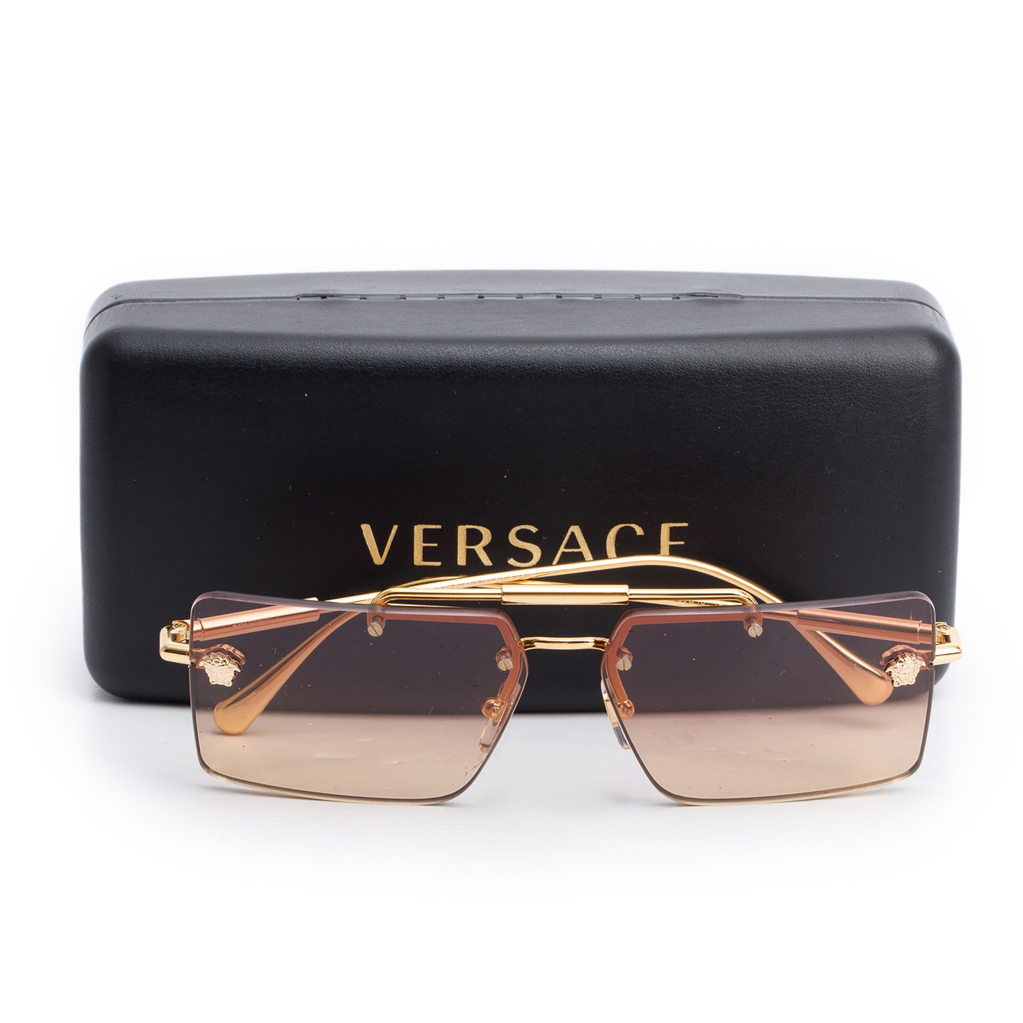 Versace 2245 Gold-Tone Metal Frameless Medusa Glam Sunglasses w/ Case