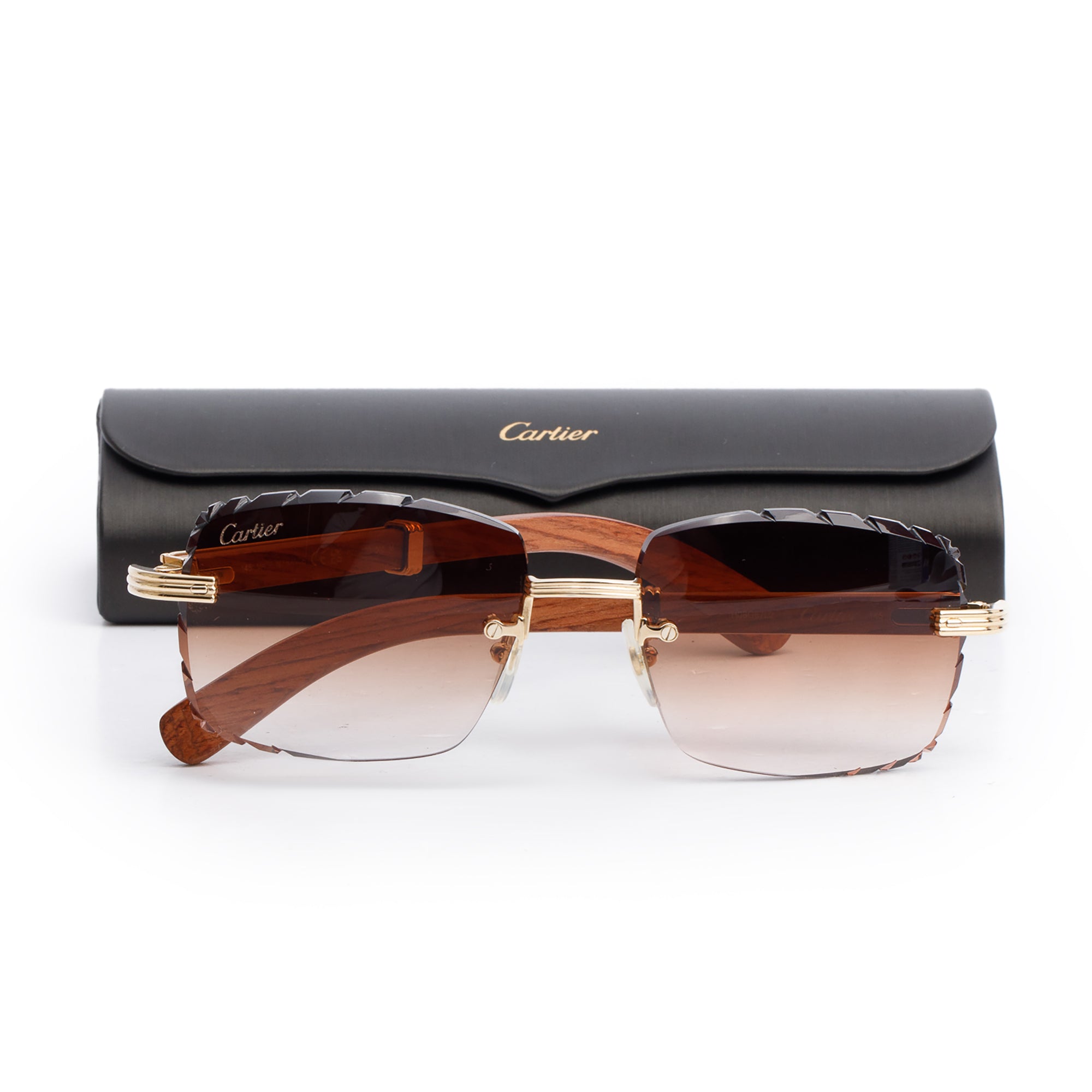 Cartier Wood Rimless Diamond Cut Premier De Cartier Square Sunglasses w/ Case