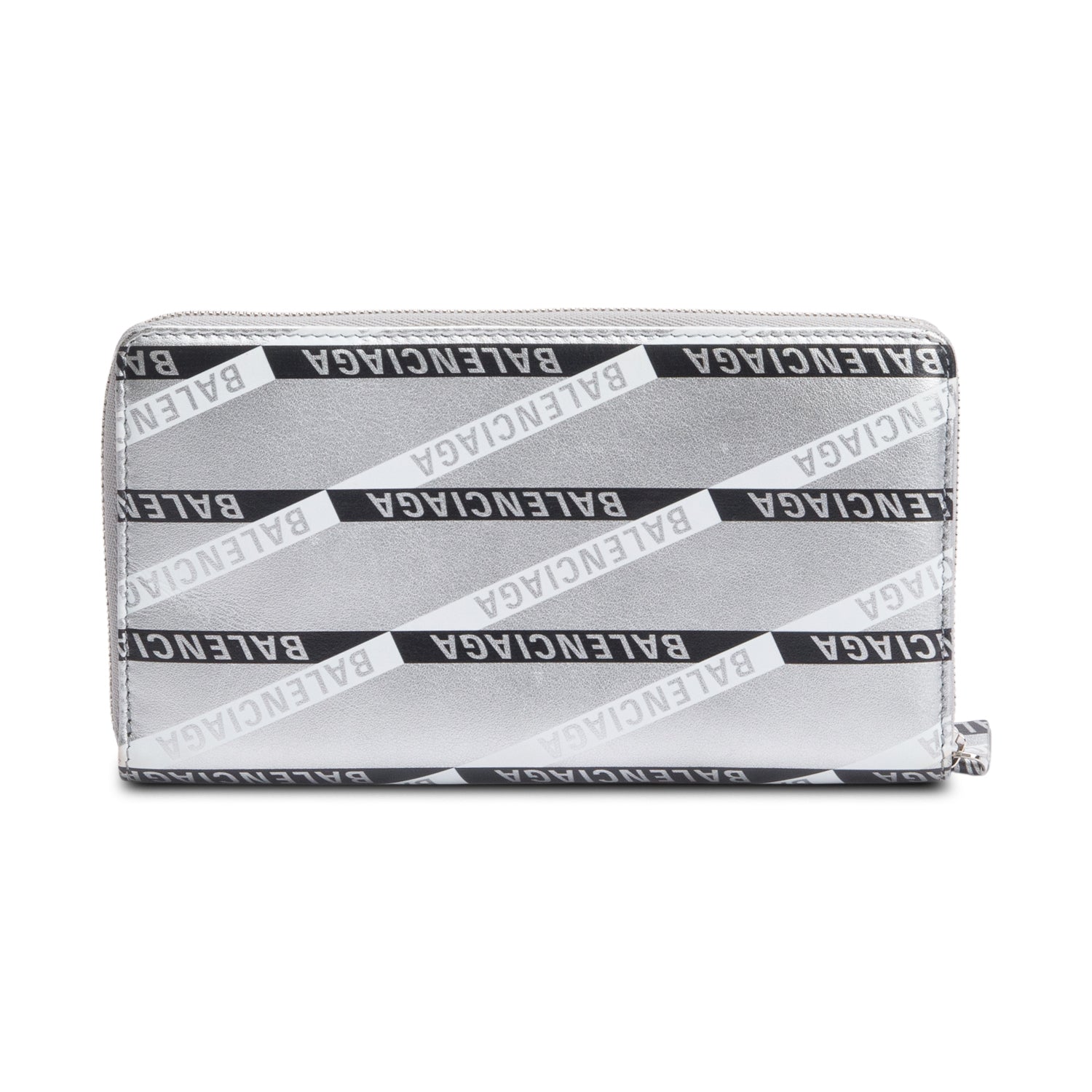 Balenciaga Metallic Silver Logo Print Calfskin Leather Everyday Zip Around Wallet