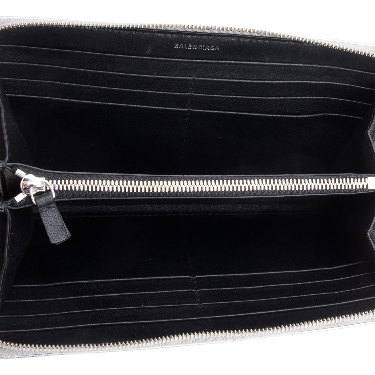 Balenciaga Metallic Silver Logo Print Calfskin Leather Everyday Zip Around Wallet