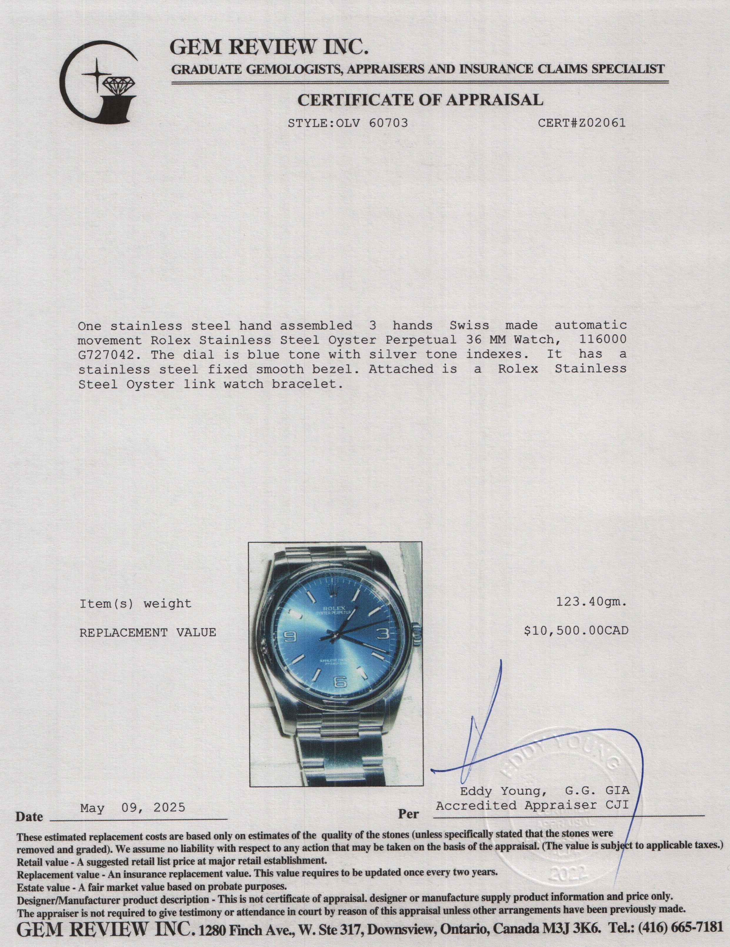 Rolex Stainless Steel Oyster Perpetual 36 MM Watch Blue Dial 116000 w/ Box & Papers