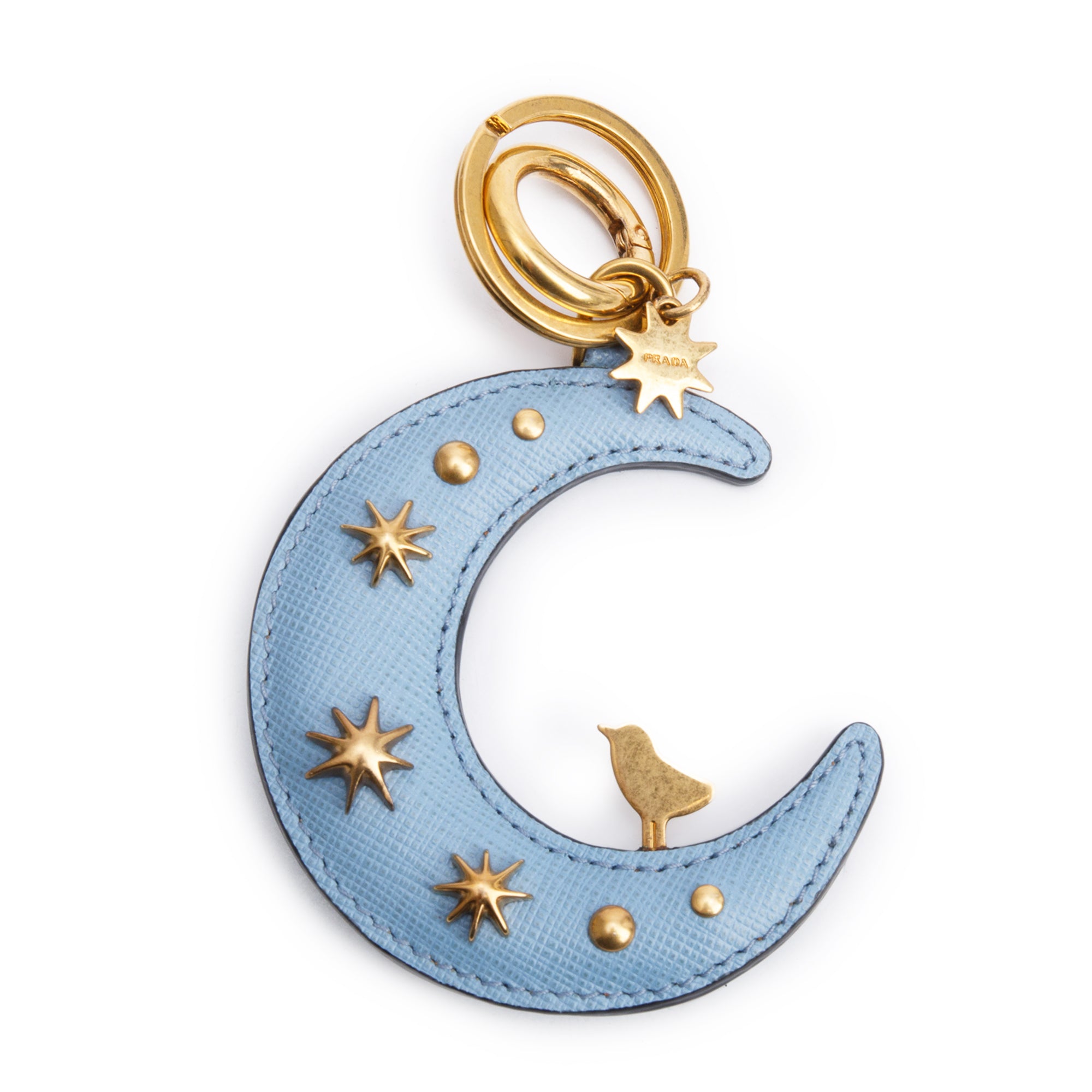 Prada Blue Saffiano Leather Moon And Stars Keychain