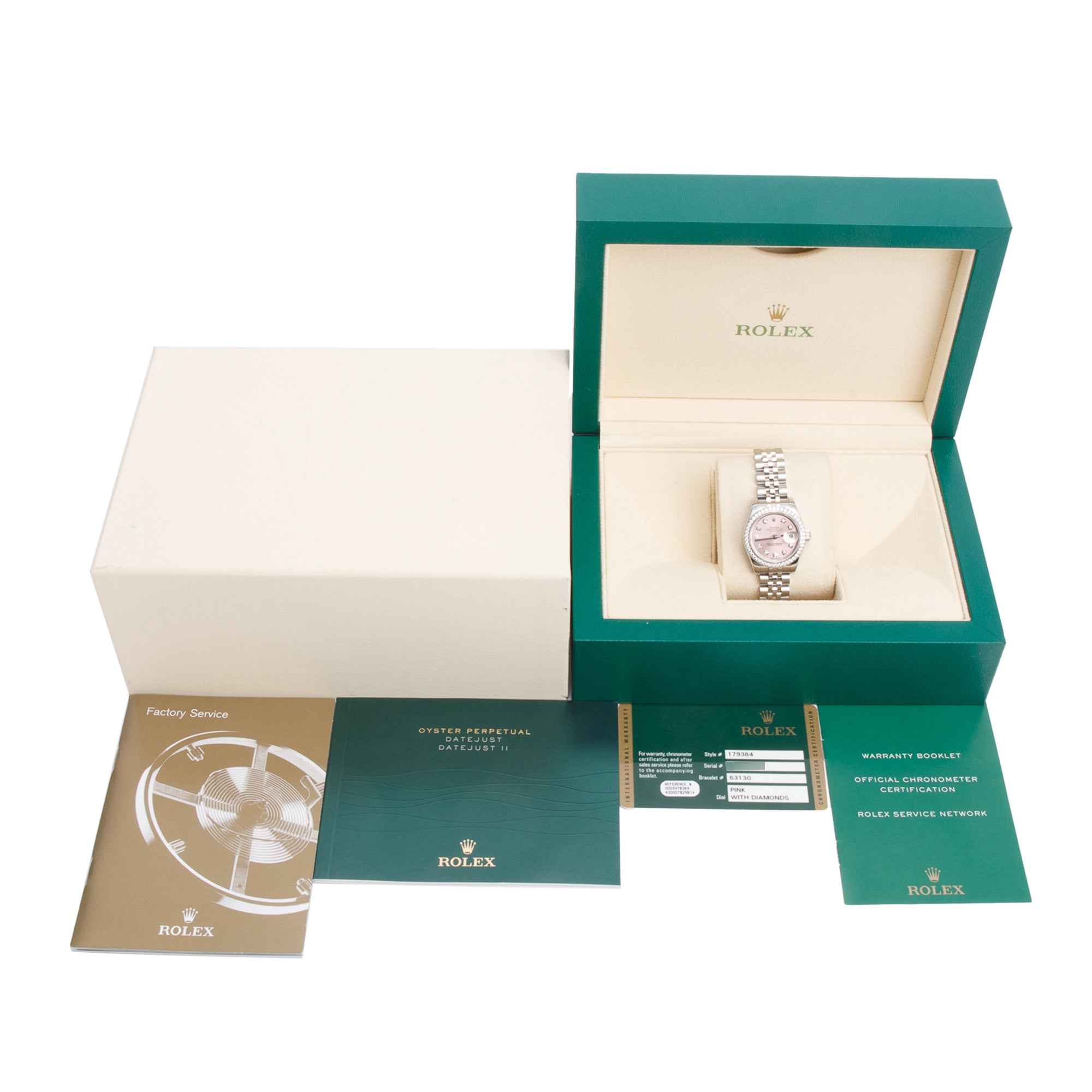 Rolex Stainless Steel Diamond Bezel Pink Diamond Dial 26 MM Datejust Watch 179384 w/ Box & Papers