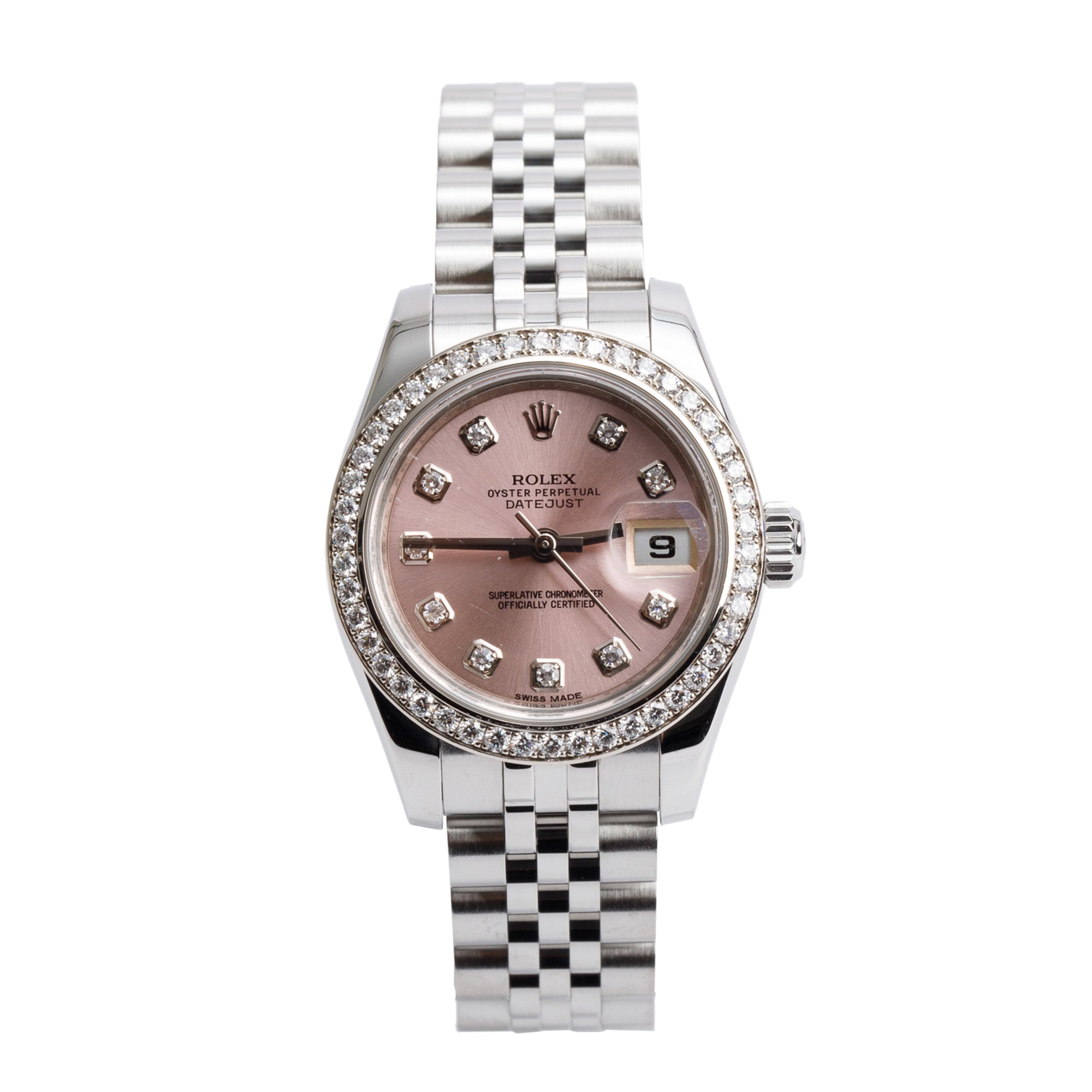 Rolex Stainless Steel Diamond Bezel Pink Diamond Dial 26 MM Datejust Watch 179384 w/ Box & Papers