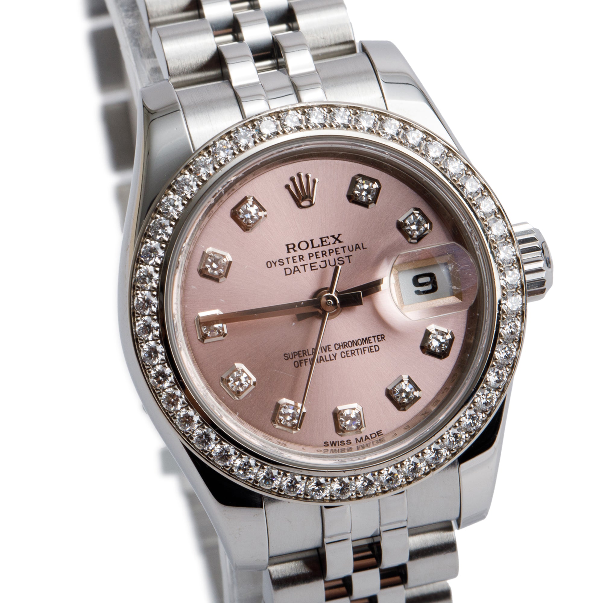 Rolex Stainless Steel Diamond Bezel Pink Diamond Dial 26 MM Datejust Watch 179384 w/ Box & Papers