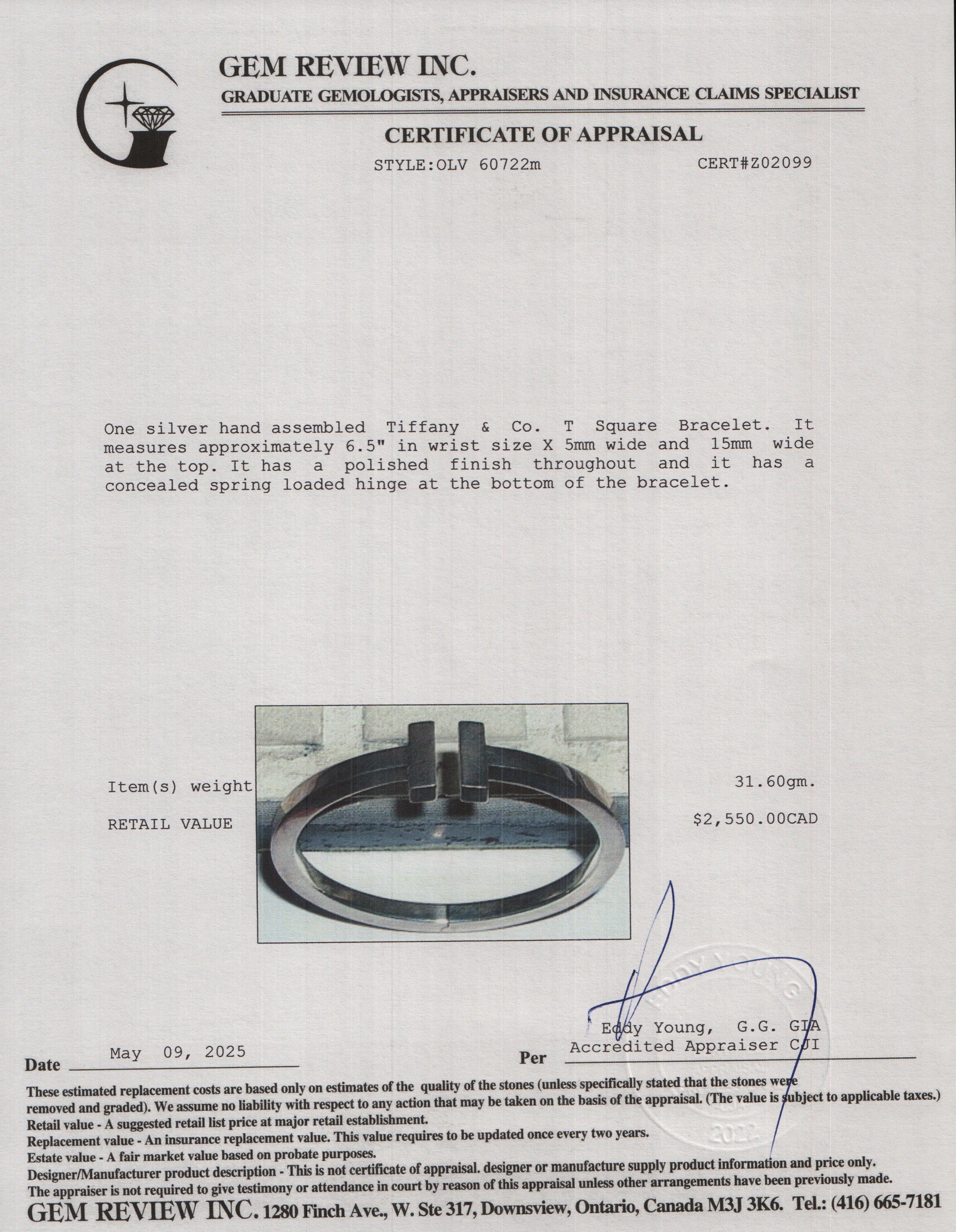 Tiffany & Co. Sterling Silver T Square Bracelet w/ Box