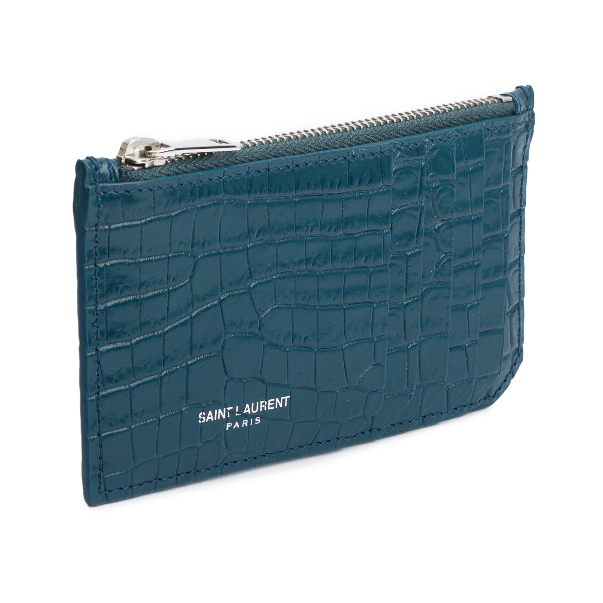 Saint Laurent Green Crocodile-Embossed Leather Cassandre Fragments Zipped Card Case