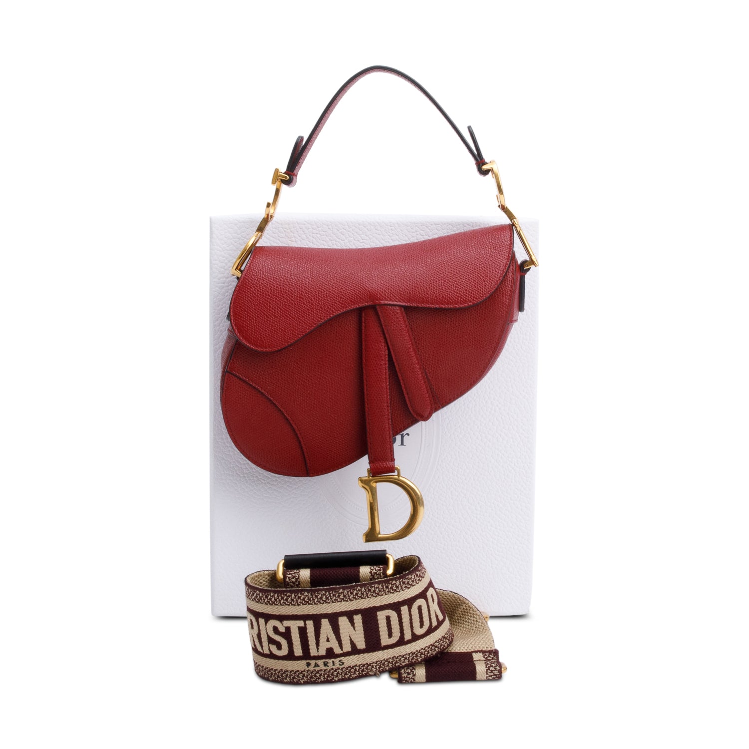 Christian Dior Red Grained Calfskin Leather Mini Saddle Bag w/ Strap & Box