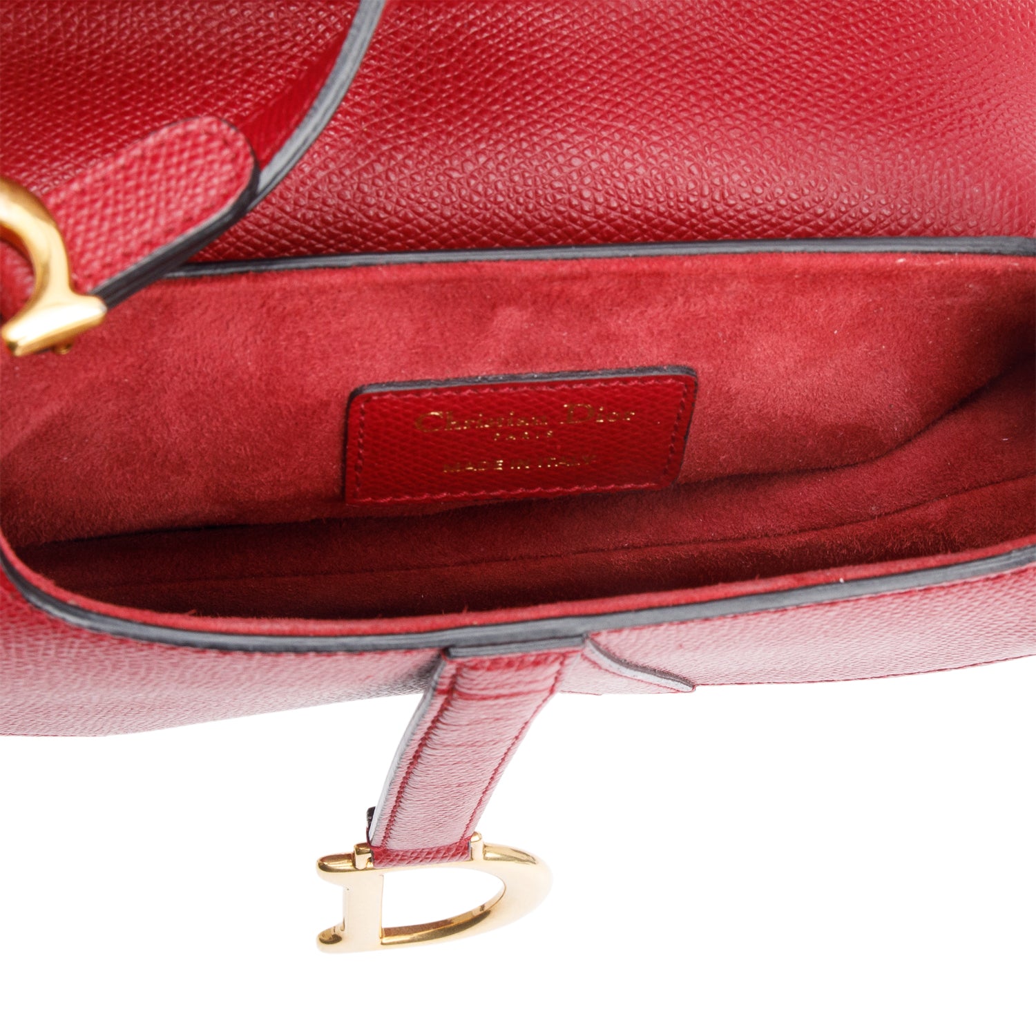 Christian Dior Red Grained Calfskin Leather Mini Saddle Bag w/ Strap & Box