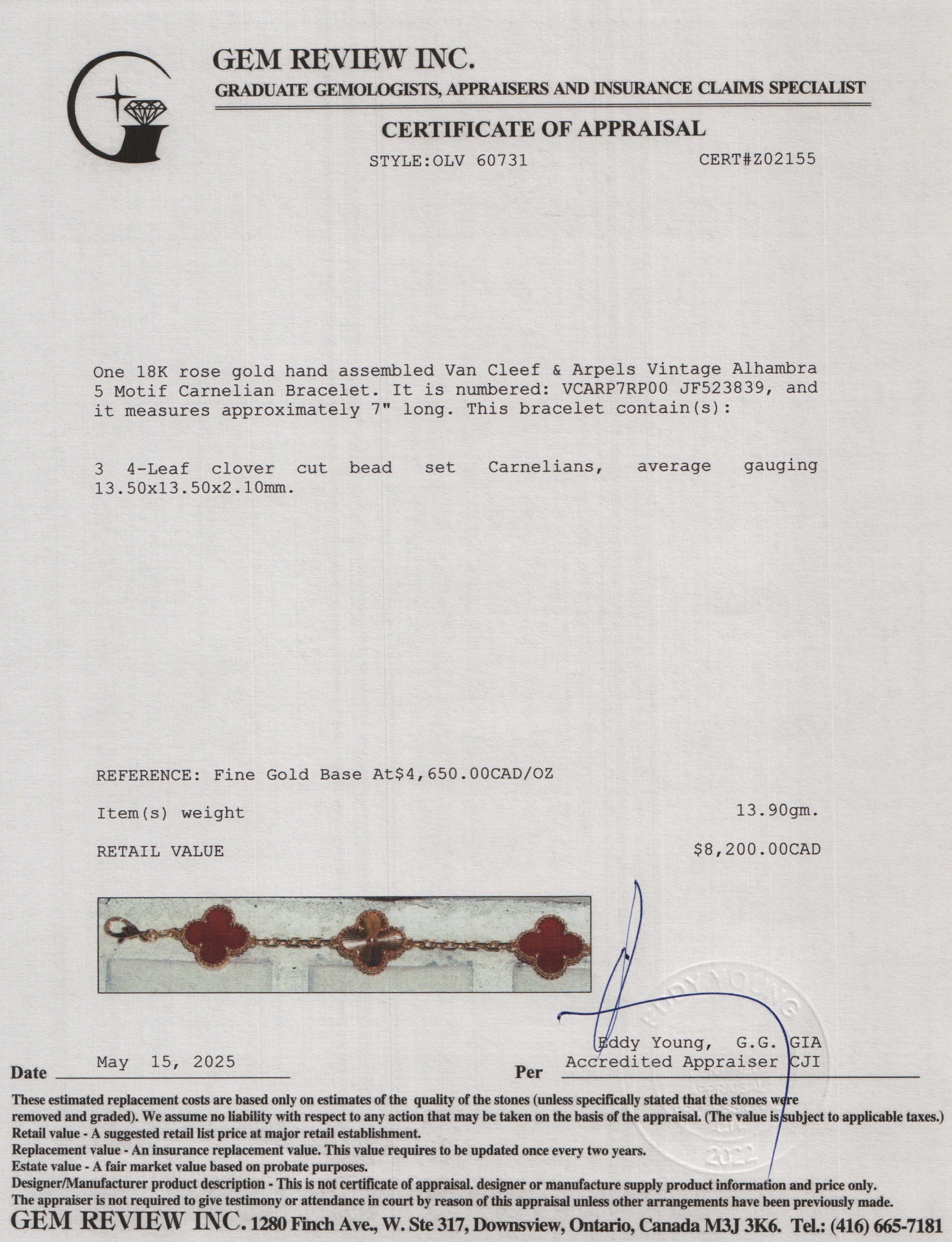 Van Cleef & Arpels 2023 18k Rose Gold Vintage Alhambra 5 Motif Carnelian Bracelet w/ Receipt & Certificate