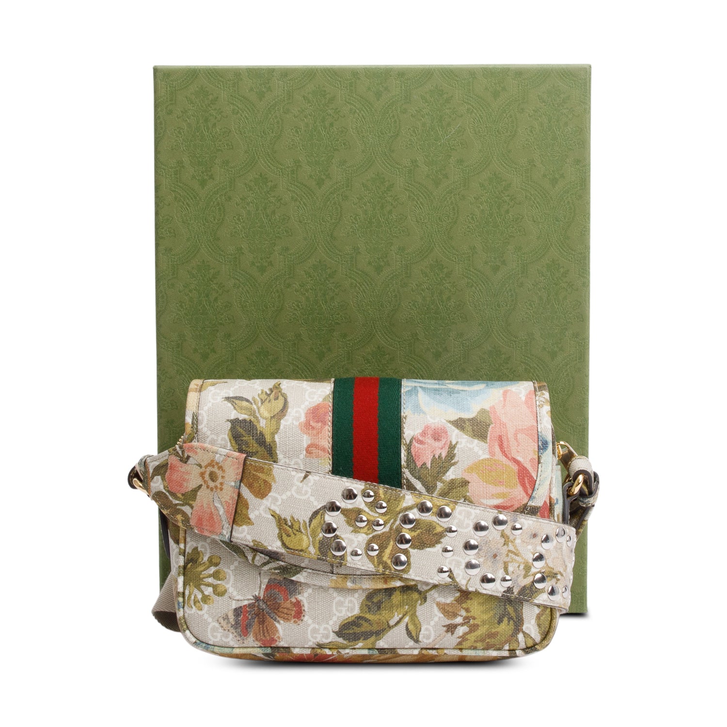 Gucci GG Supreme Water Flora Web Small Ophidia Flap Shoulder Bag w/ Box