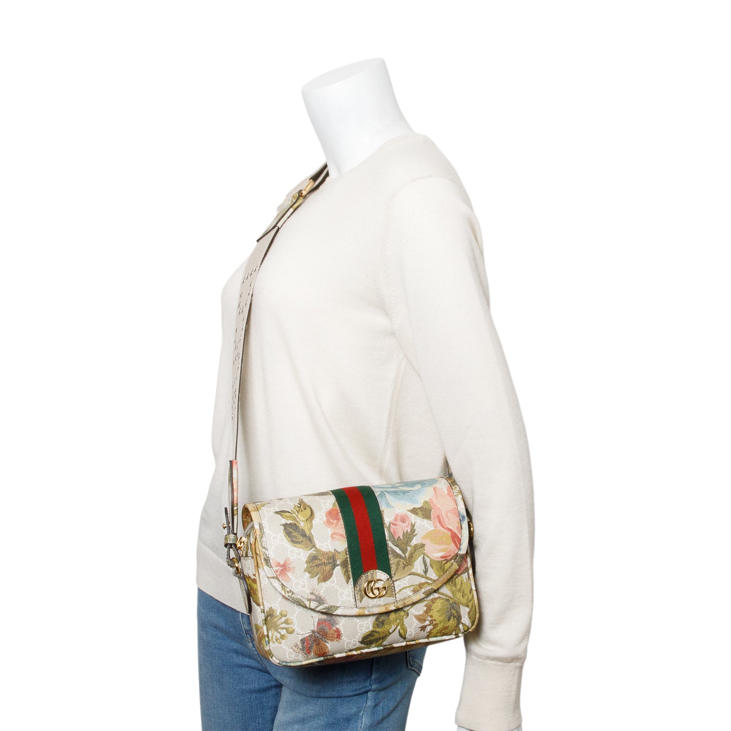 Gucci GG Supreme Water Flora Web Small Ophidia Flap Shoulder Bag w/ Box