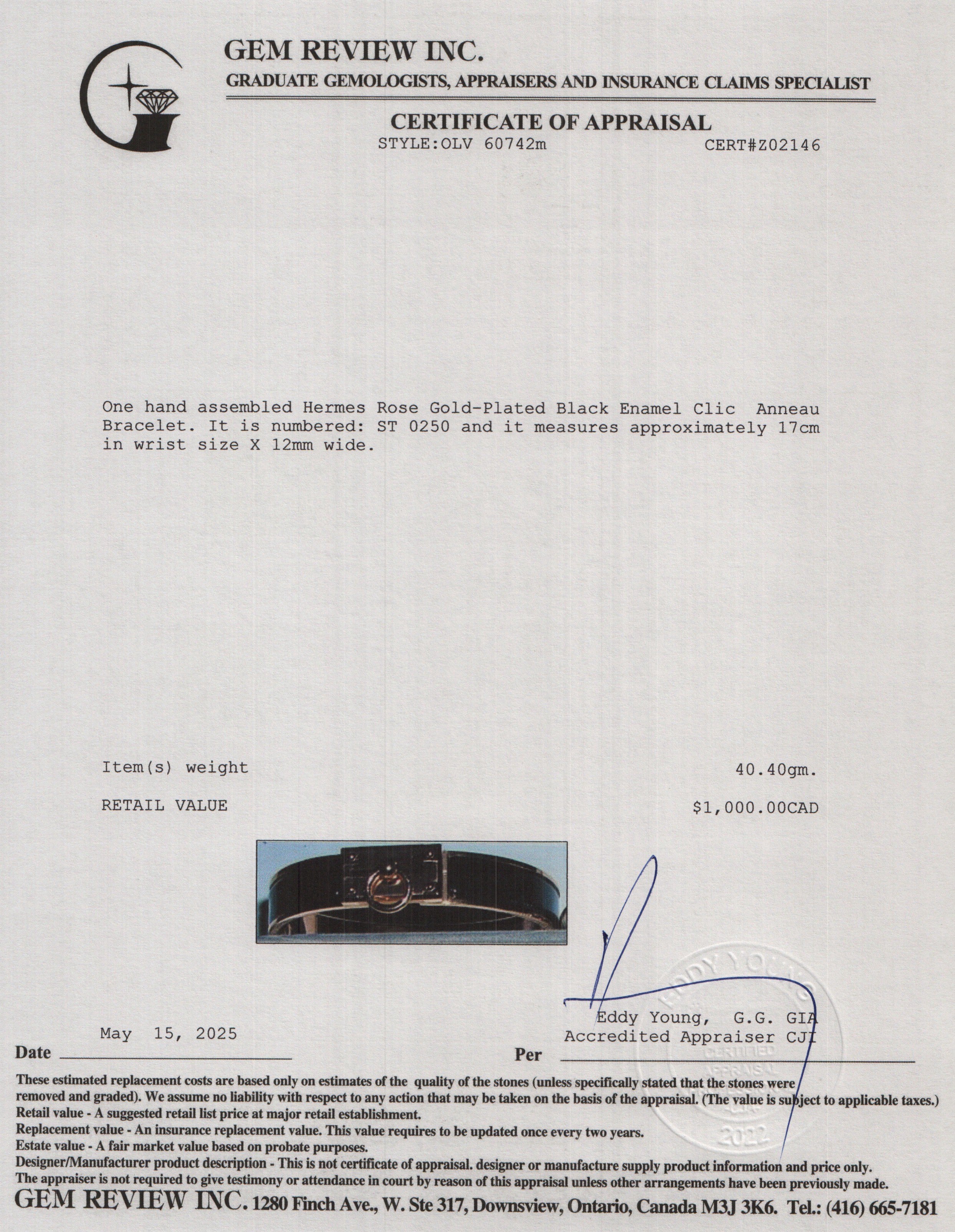 Hermes Rose Gold-Plated Black Enamel 12 MM Clic Anneau Bracelet