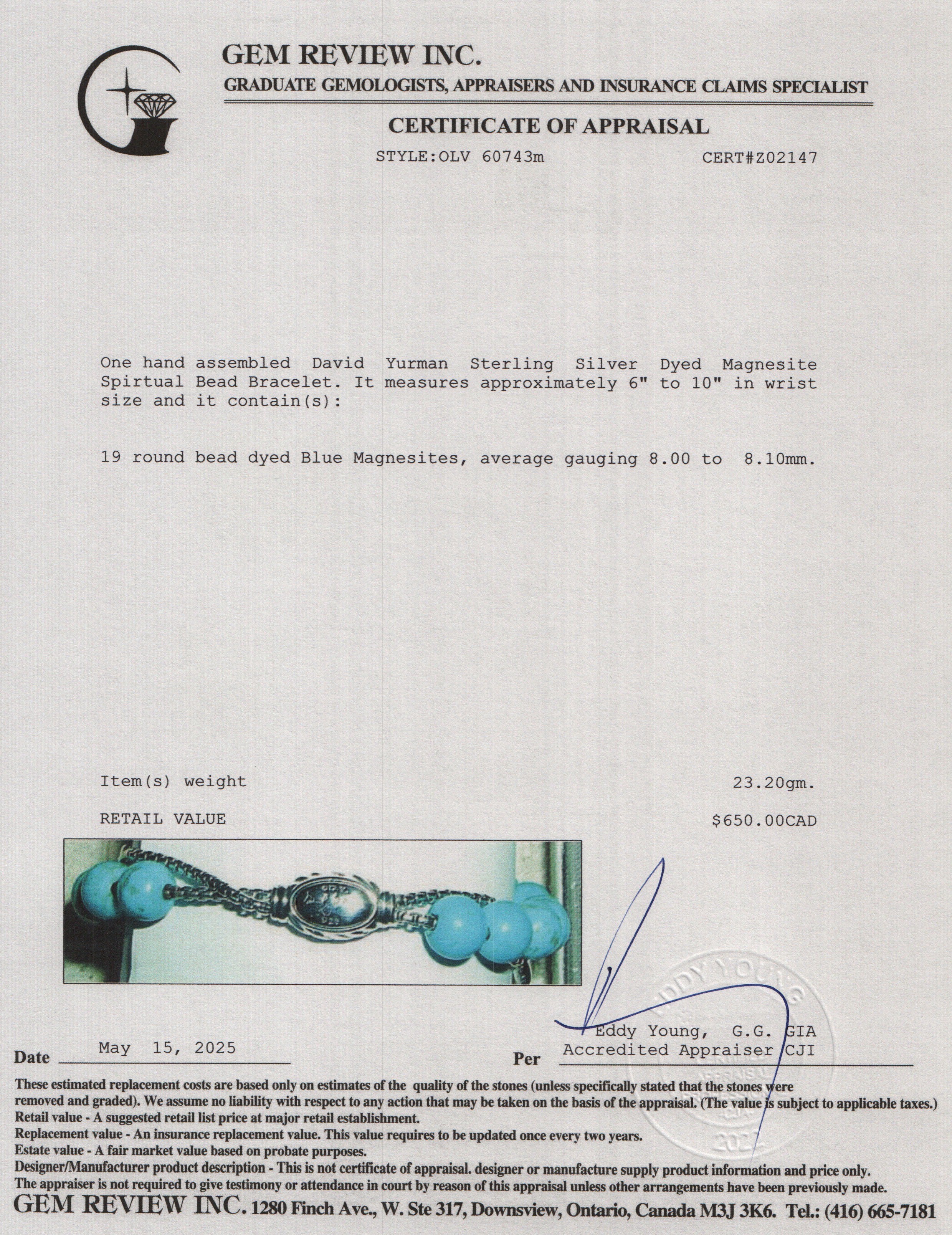 David Yurman Sterling Silver Dyed Magnesite 8 MM Spirtual Bead Bracelet