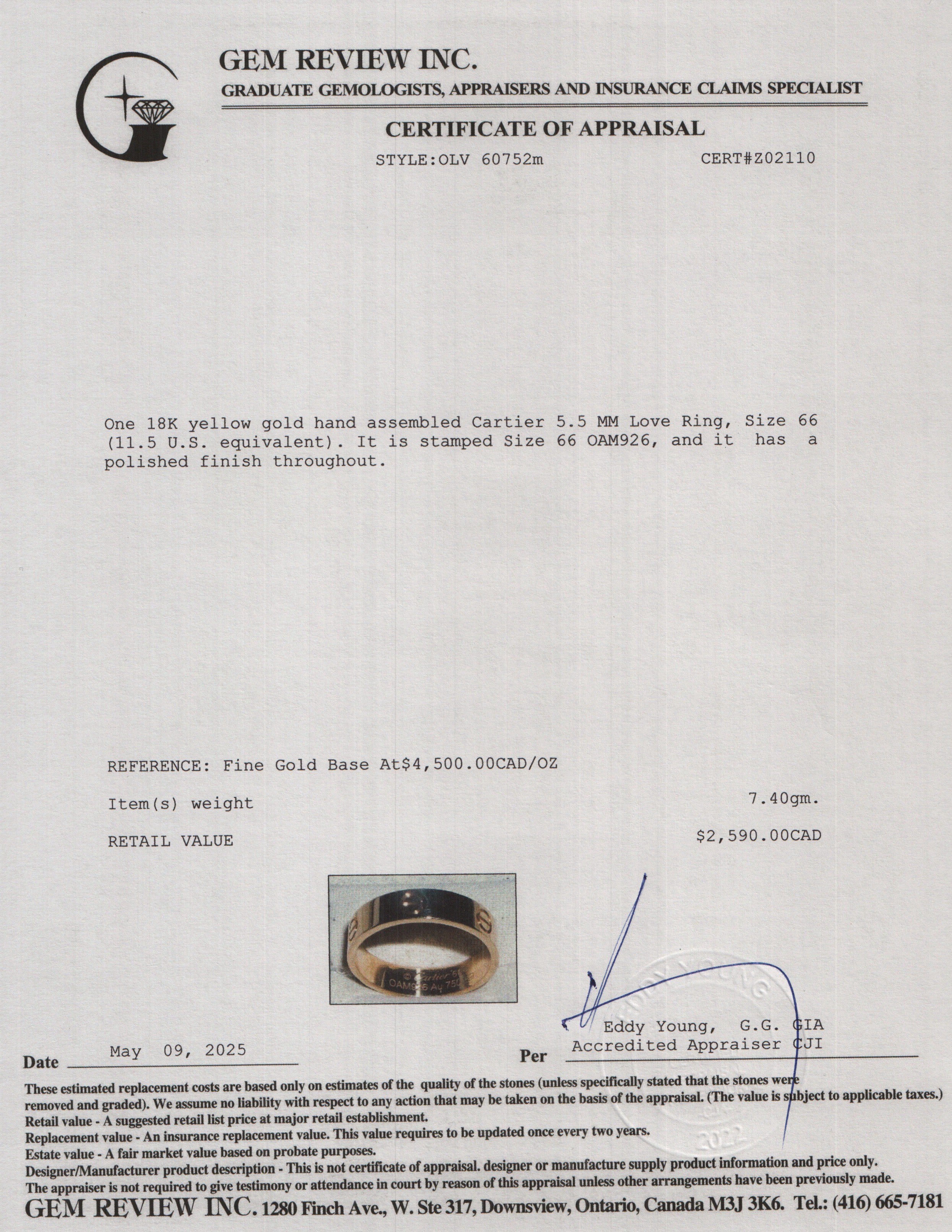 Cartier 2024 18k Yellow Gold 5.5 MM Love Ring, Size 66 11.5 w/ Box, Certificate & Receipt