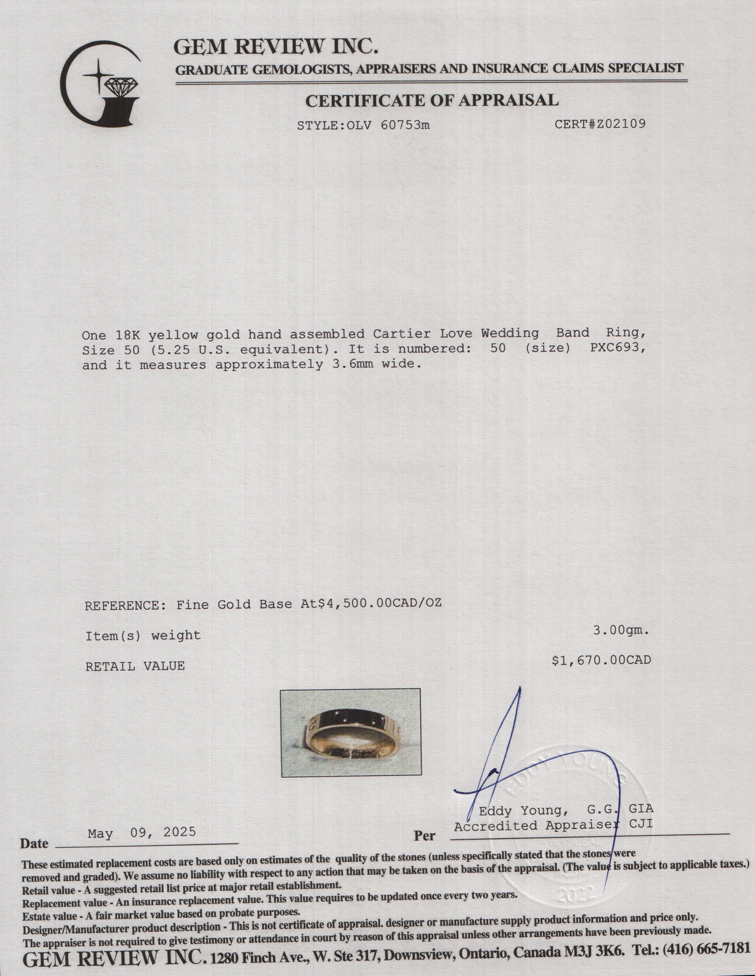 Cartier 2022 18k Yellow Gold 3.6 mm Love Wedding Band Ring, Size 50 5.25 w/ Box & Receipt