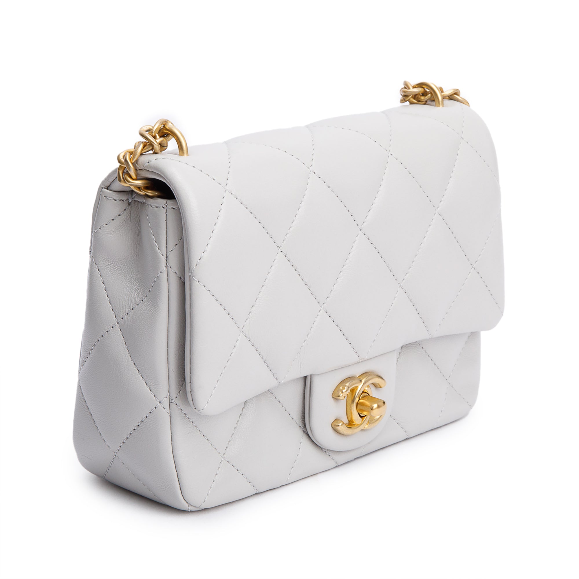 Chanel 2025 Grey Quilted Lambskin Leather Sweetheart Square Mini Flap Bag w/ Receipt
