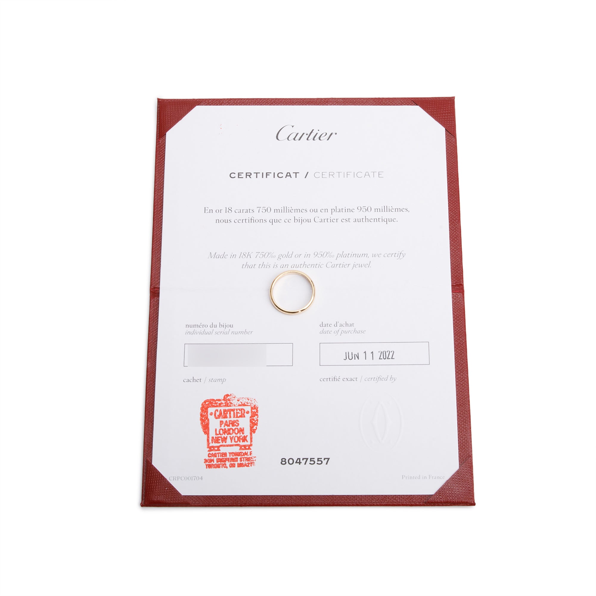 Cartier 2022 18k Yellow Gold 2.5 MM 1895 Wedding Band Ring, Size 49 5 w/ Pouch, Certificate & Receipt