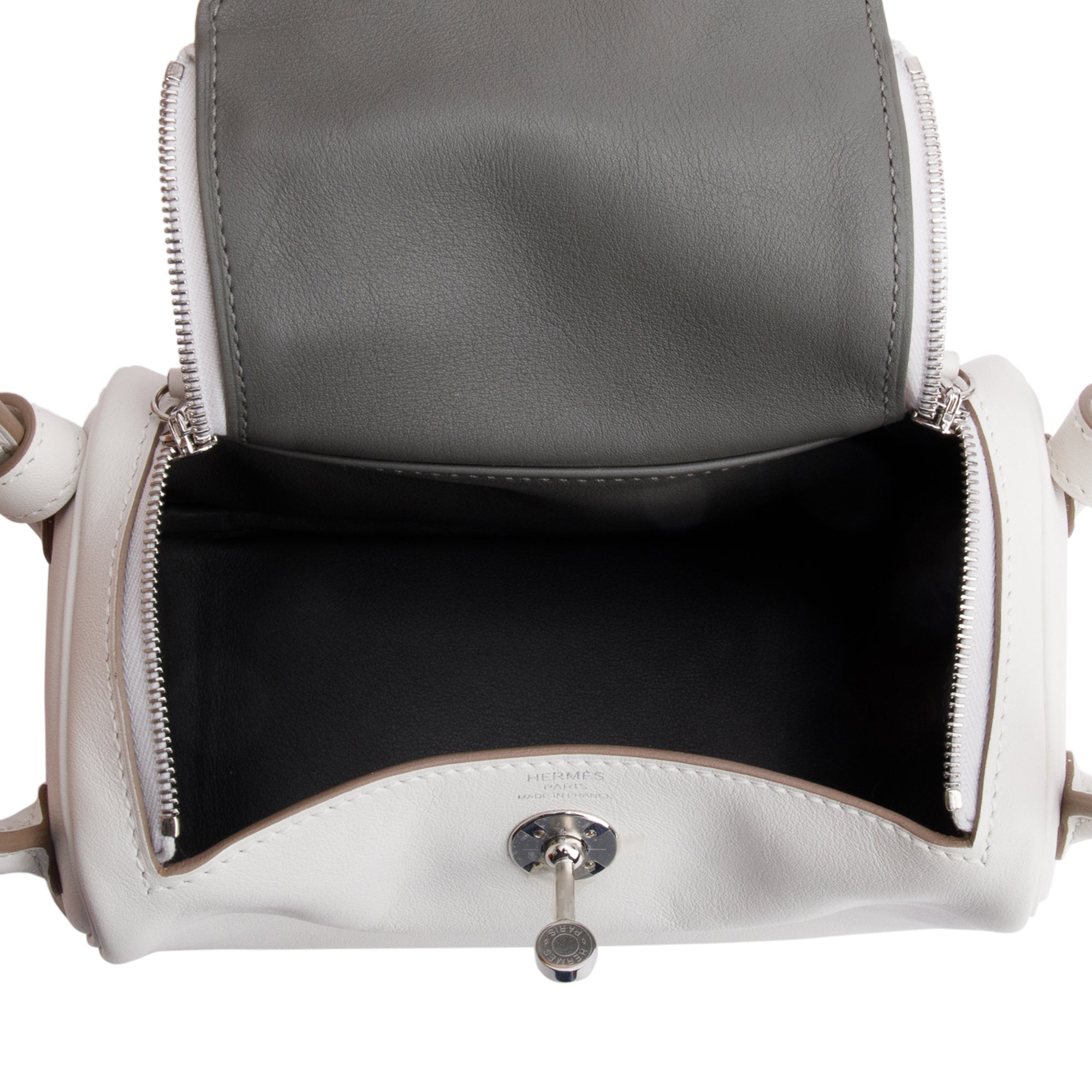 Hermes 2023 Gris Pale/Gris Meyer Leather Swift Leather Lindy Mini w/ Box