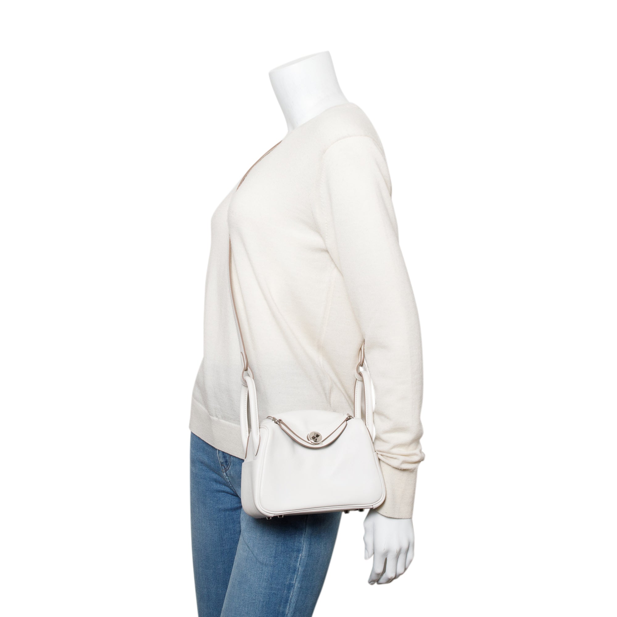 Hermes 2023 Gris Pale/Gris Meyer Leather Swift Leather Lindy Mini w/ Box