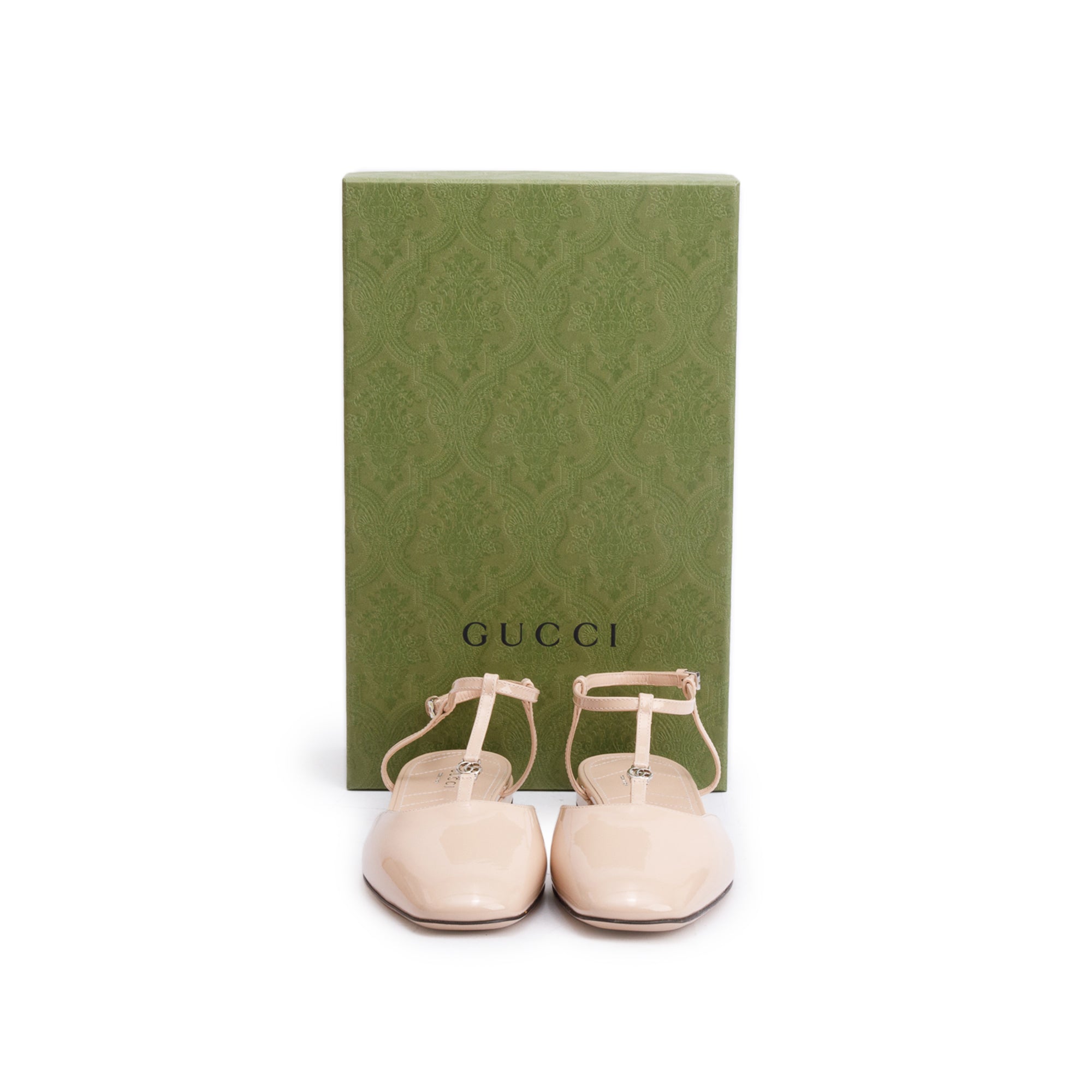 Gucci Beige Patent Leather Double G Logo Slingback Ballet Flats, Size 39.5 w/ Box