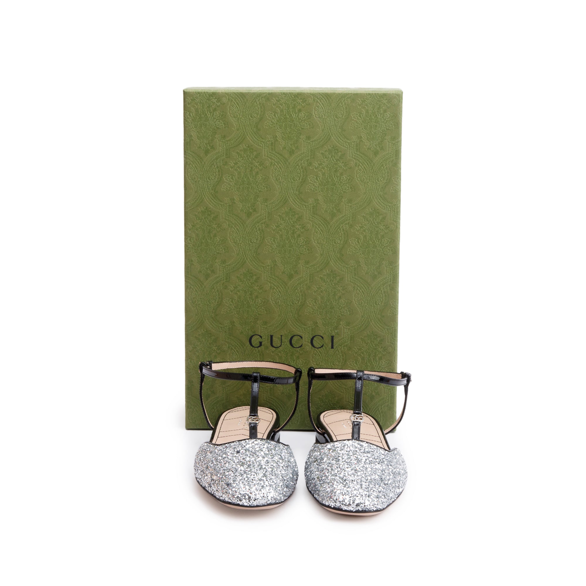 Gucci Black Patent Leather Silver Glitter Double G Logo Slingback Ballet Flats, Size 39.5 w/ Box